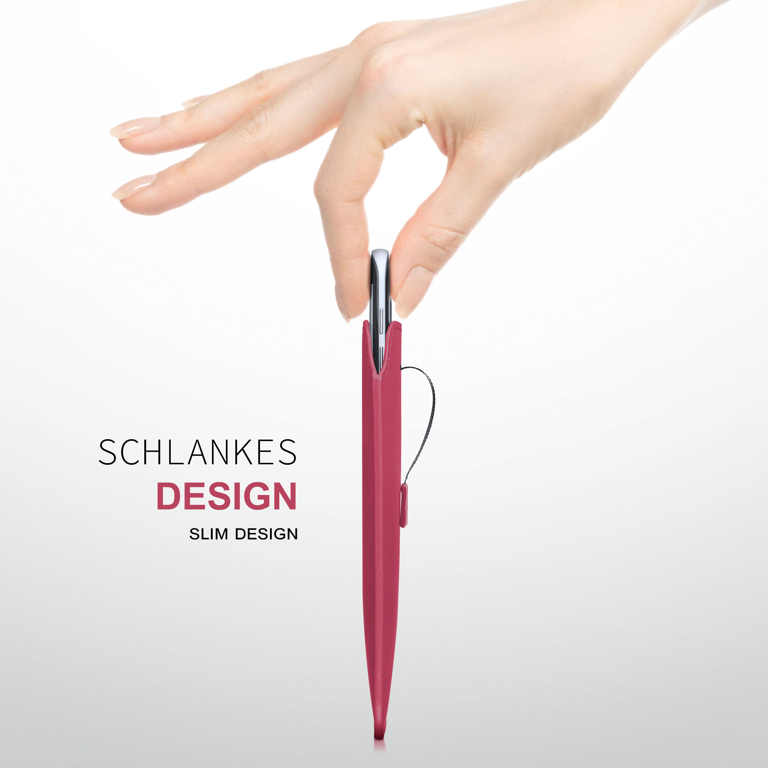 Eine Hand, die eine rosa schlanke Handyhülle hält. Die Worte schlankes Design werden gezeigt.