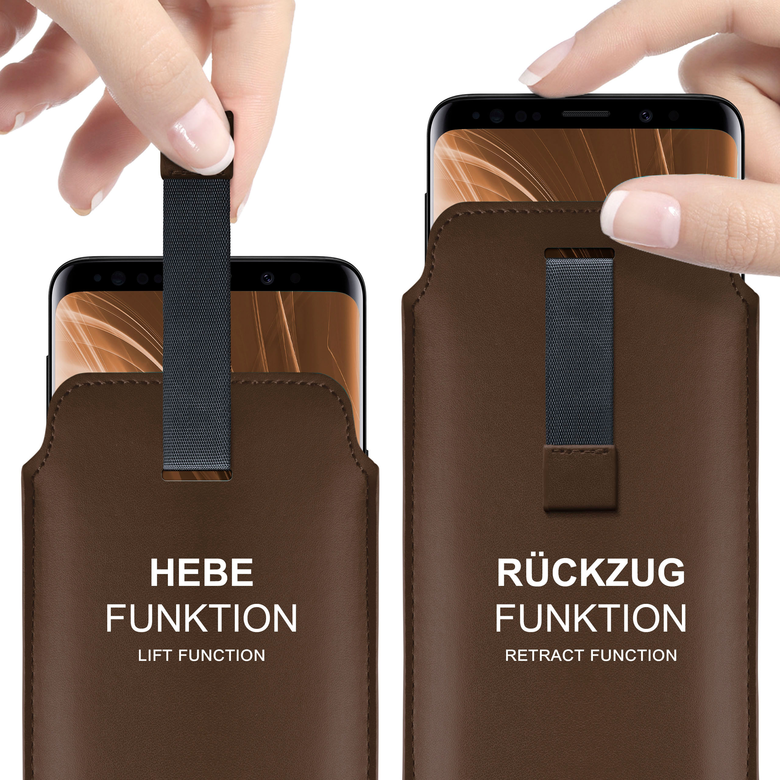 Zwei braune Handyhüllen mit Text: HEBE FUNKTION und RÜCKZUG FUNKTION. Hände ziehen Telefone heraus.
