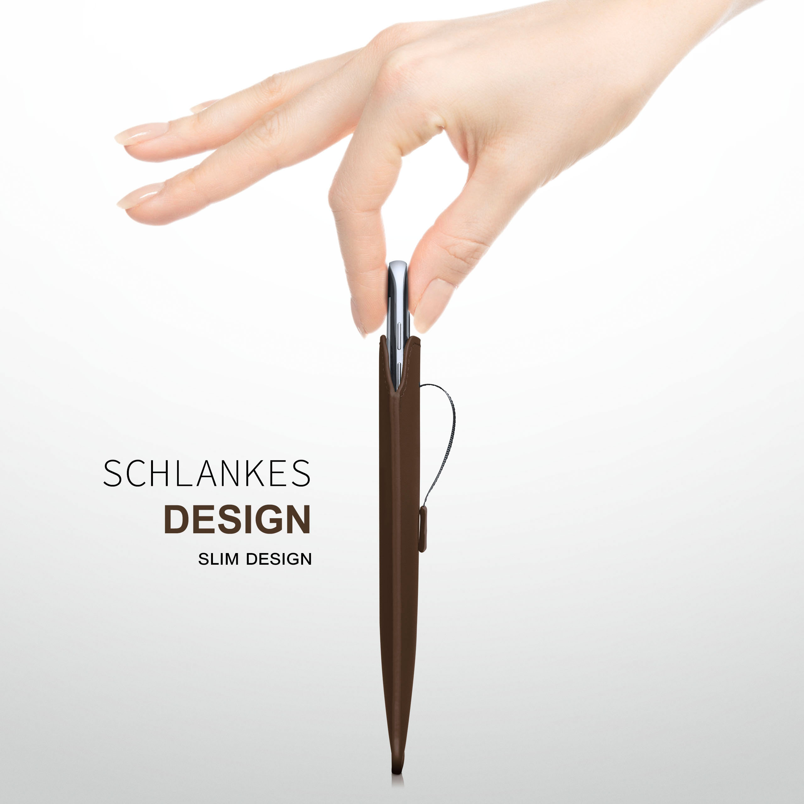 Eine Hand hält eine braune Handyhülle. Text: Schlankes Design.
