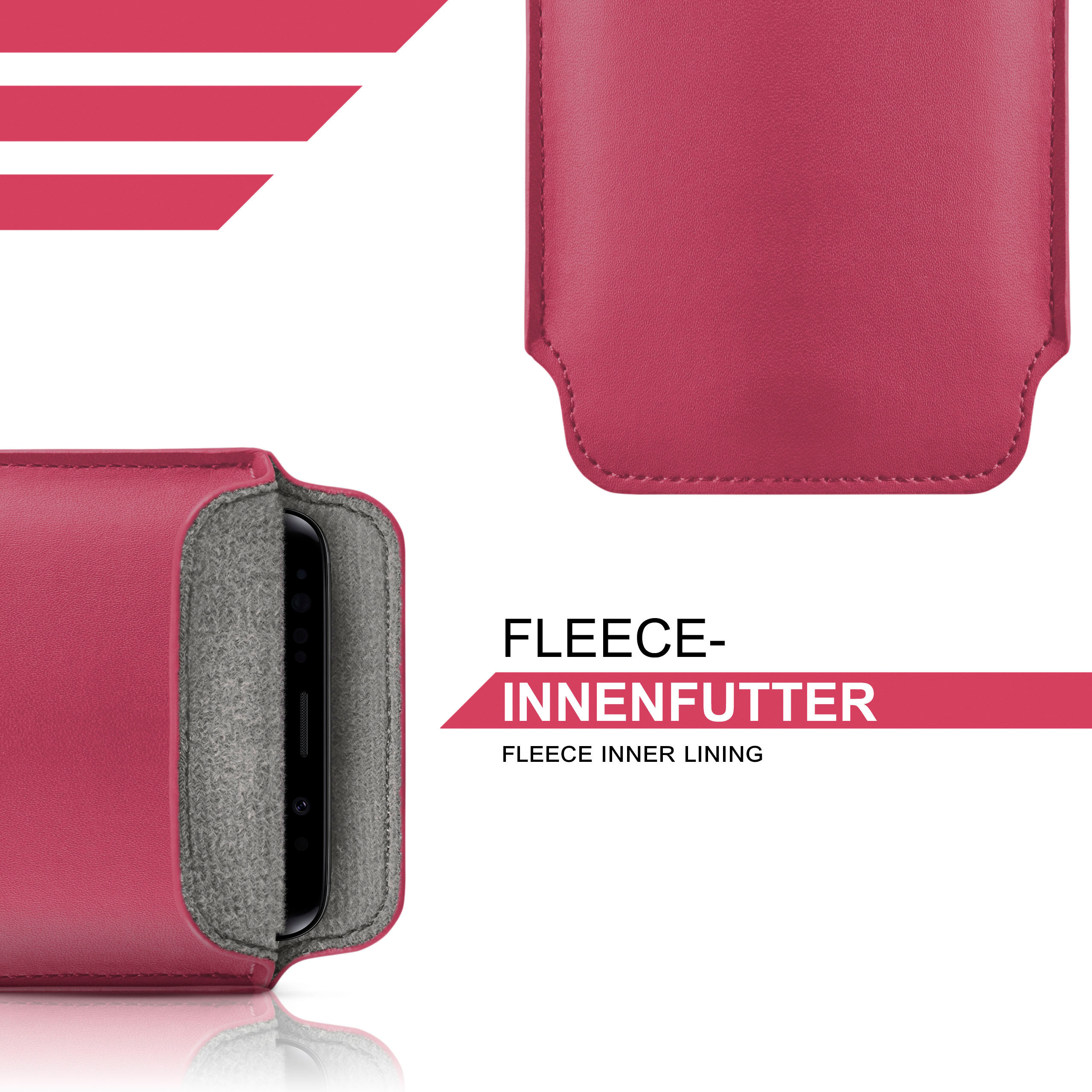 Telefon in magenta Lederhülle mit grauem Fleece-Futter. Text: Fleece-Innenfutter.