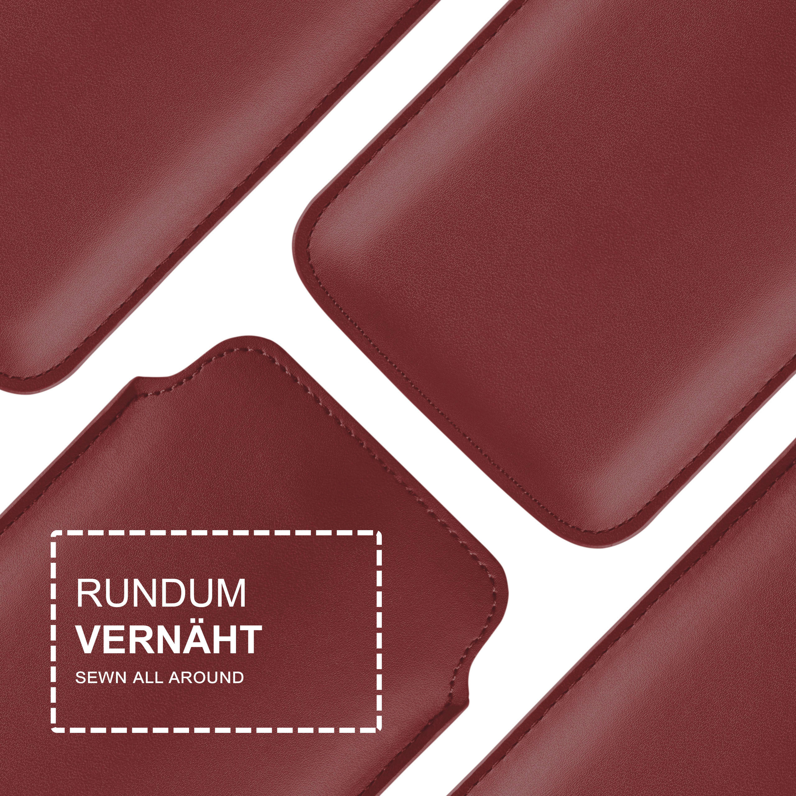 Nahaufnahme von vier weinroten Handyhüllen, ordentlich angeordnet.