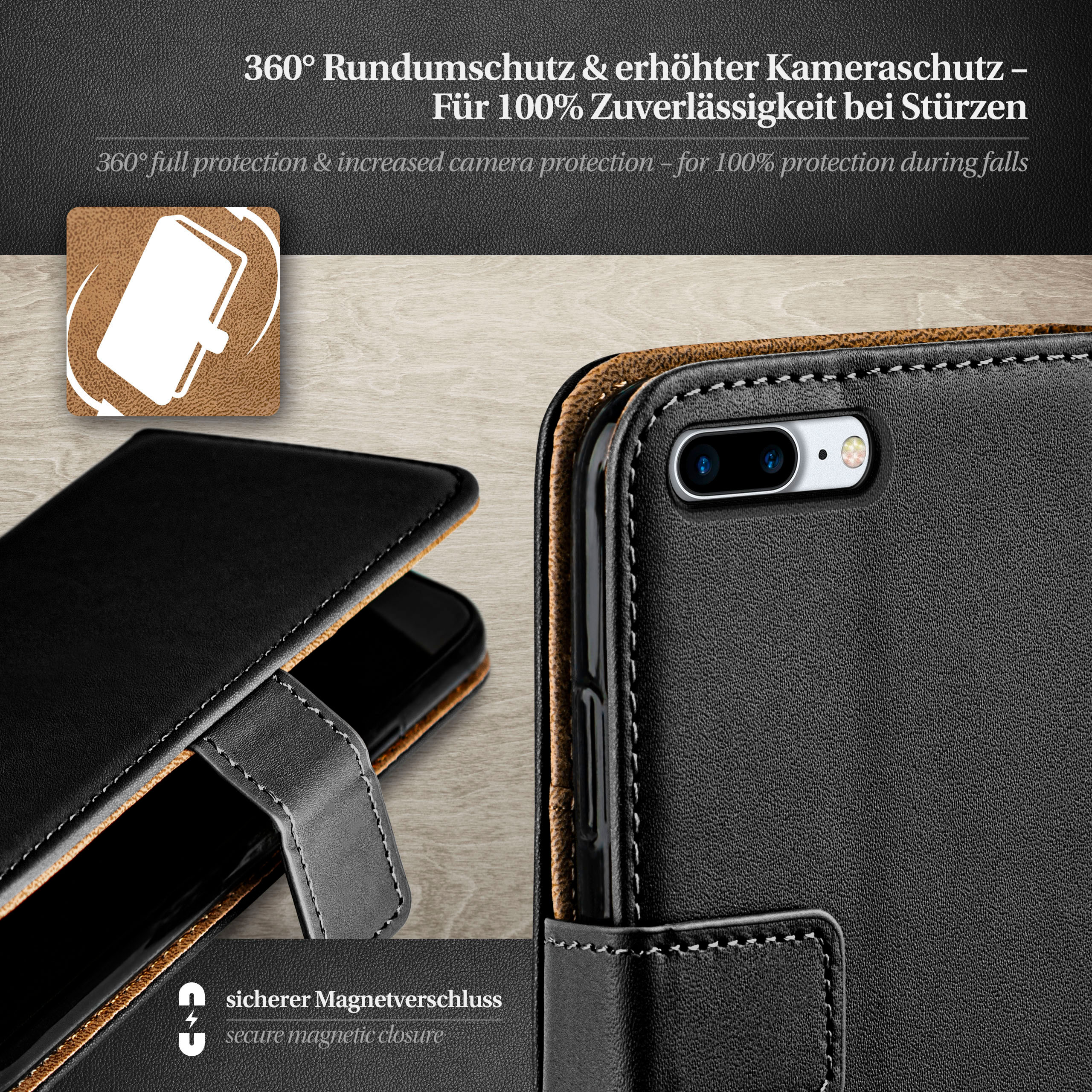 Schwarze Handyhülle mit Telefon. Text: 360° Schutz und sicherer Magnetverschluss.