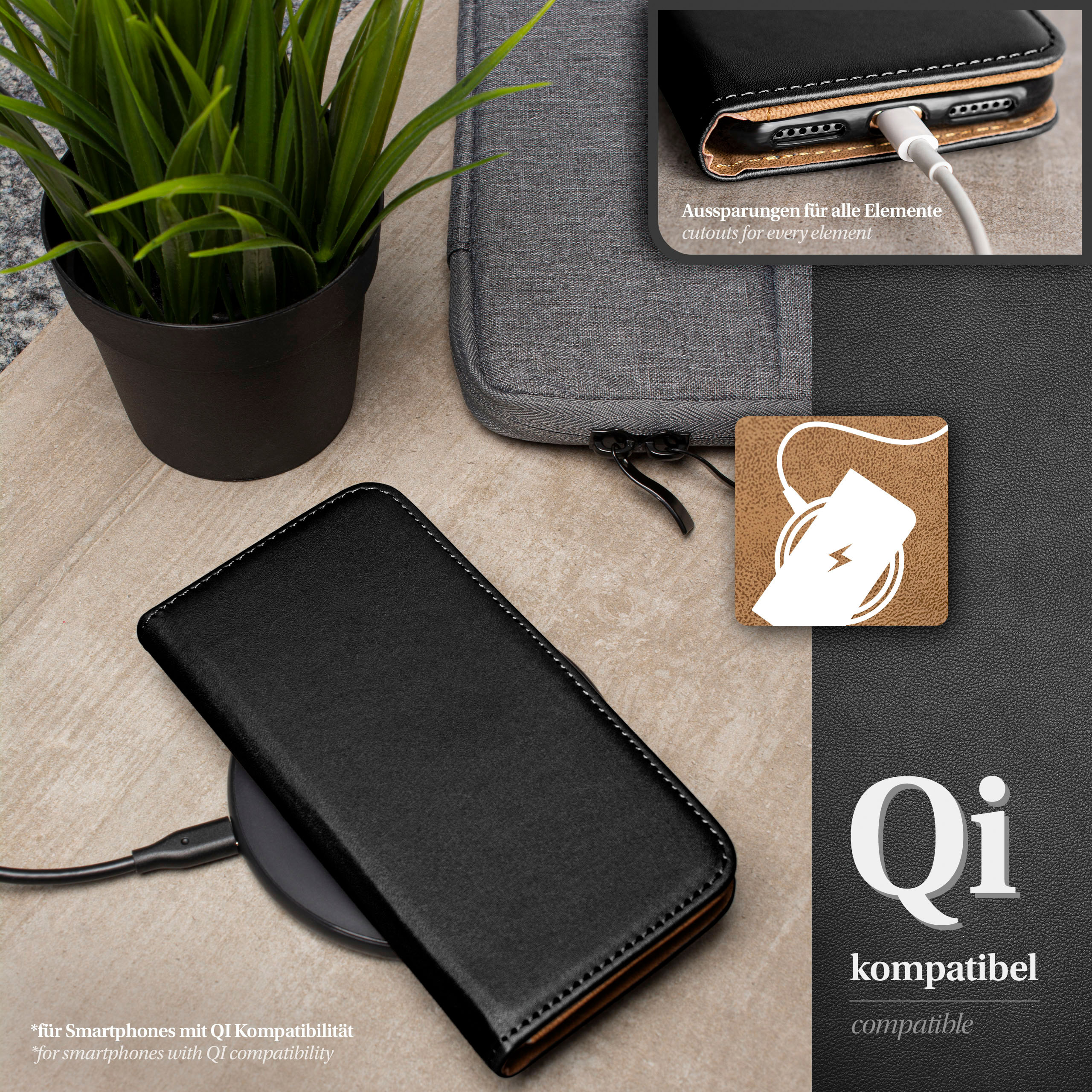 Eine schwarze Handyhülle mit Telefon, Pflanze und Ladegerät auf Holzoberfläche.