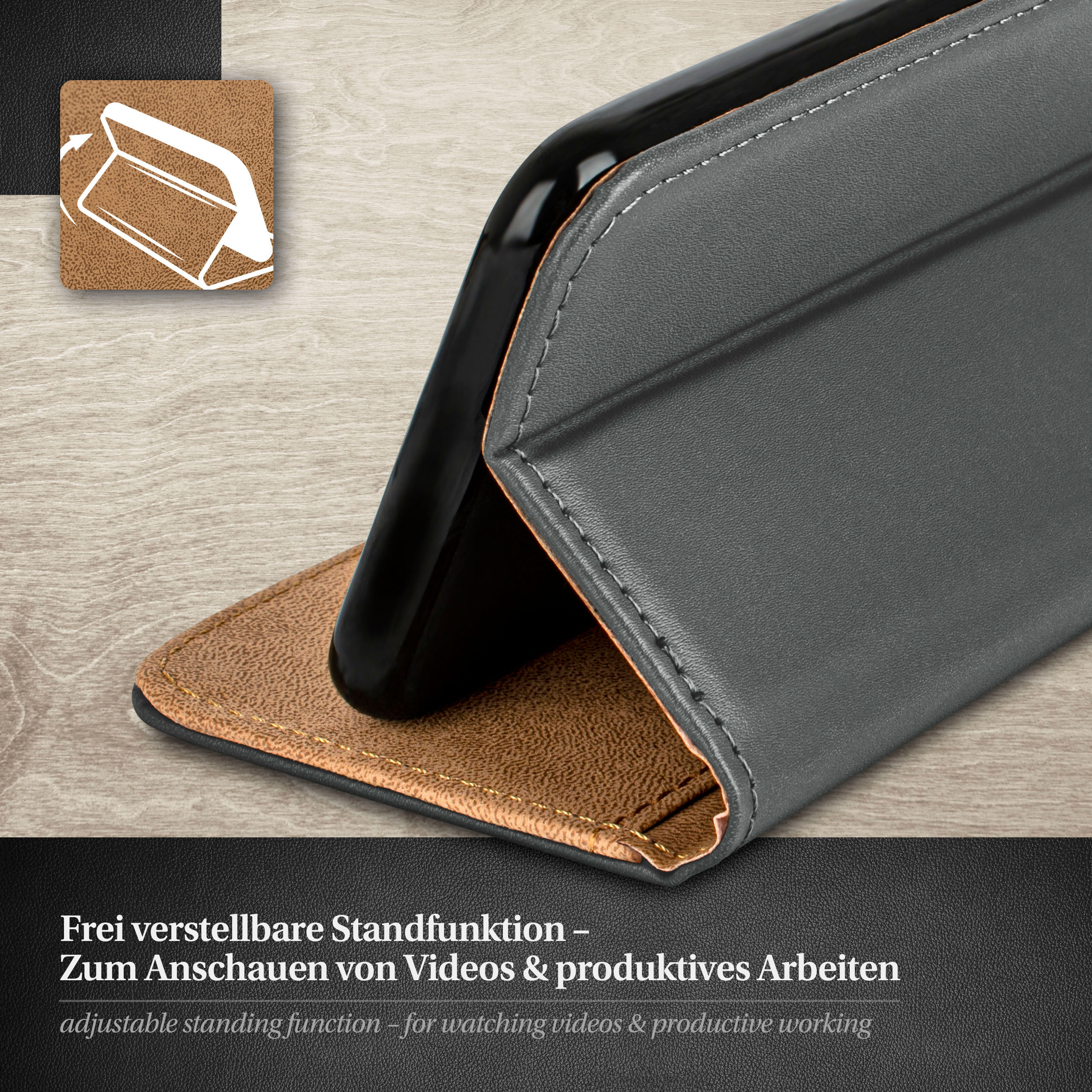 Handyhülle aufgestellt, mit Telefon, auf Holzoberfläche.
