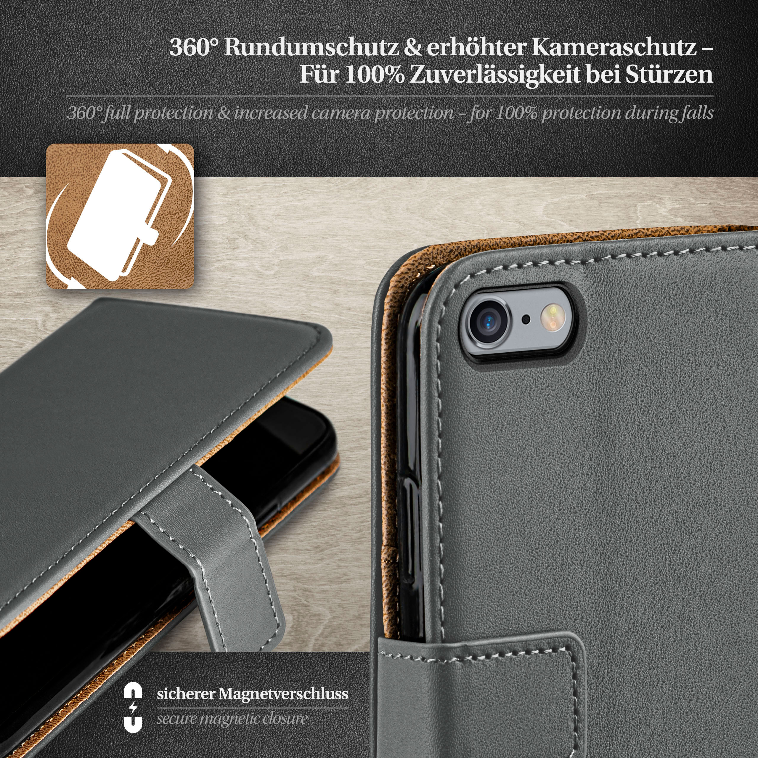 Eine graue Handyhülle mit Telefon, offen, zeigt Magnetverschluss und Logo.