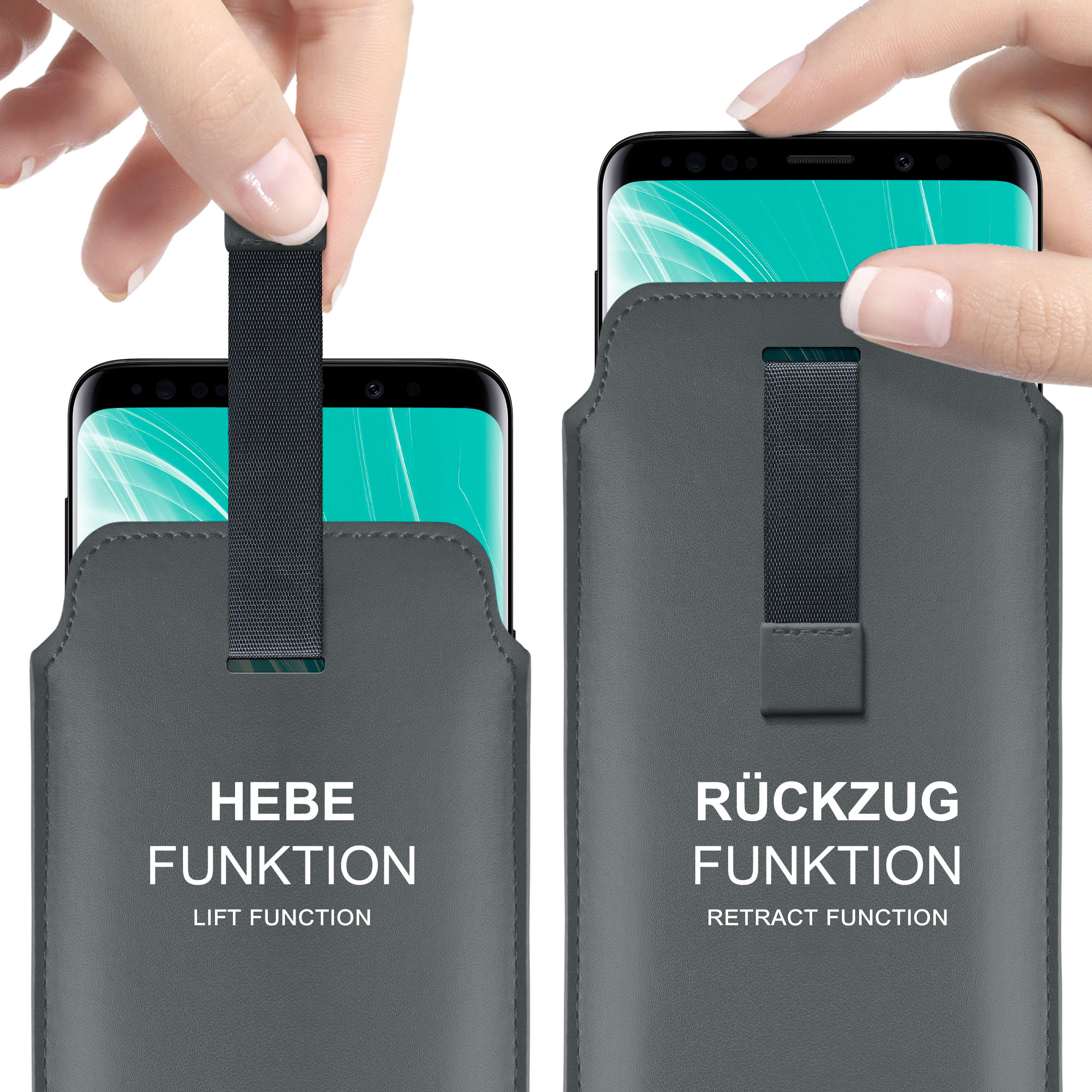 Hände, die Telefone in grauen Handyhüllen halten. Text: 'HEBE FUNKTION' links und 'RÜCKZUG FUNKTION' rechts.