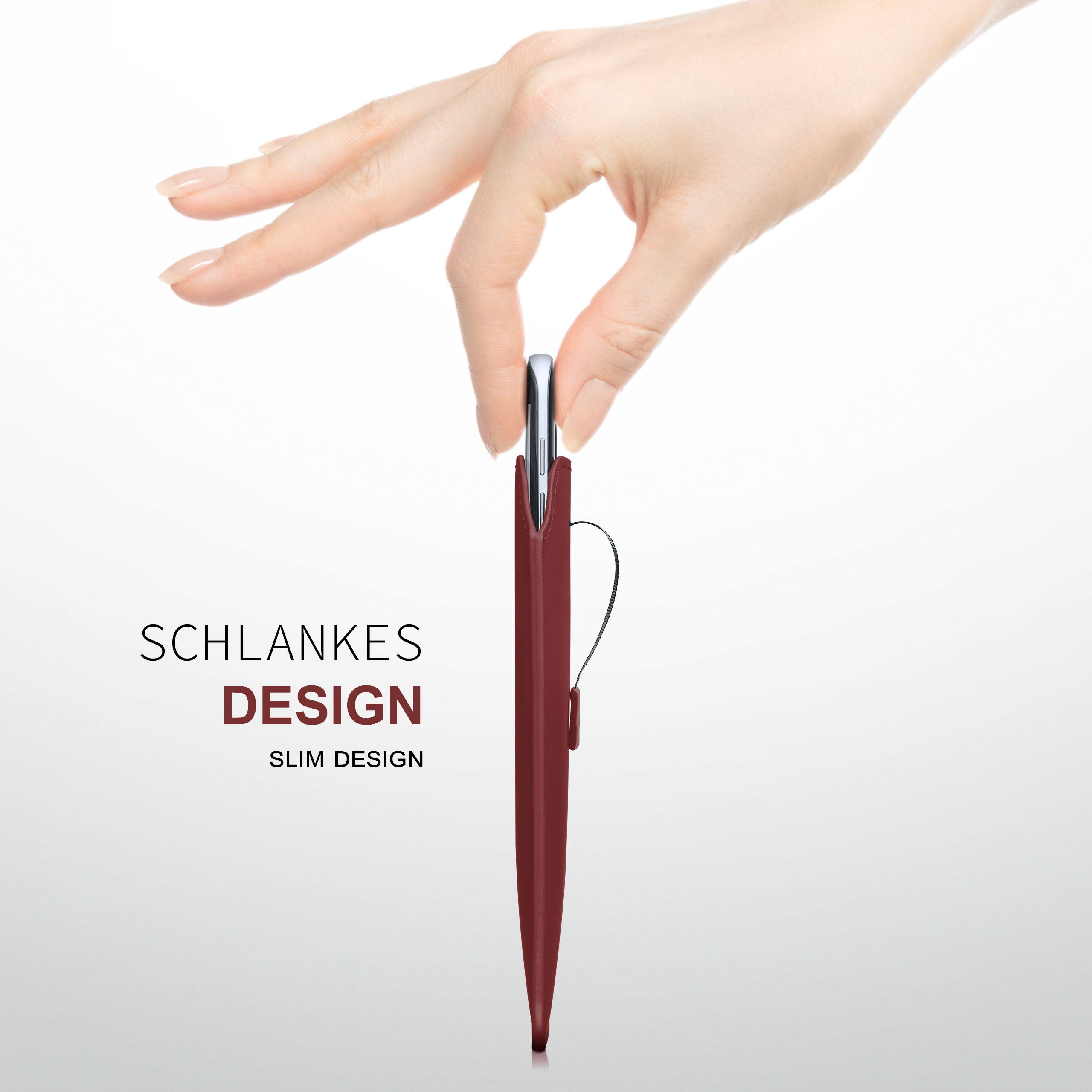 Eine Hand hält eine weinrote Handyhülle. Der Text lautet 'Schlankes Design'.