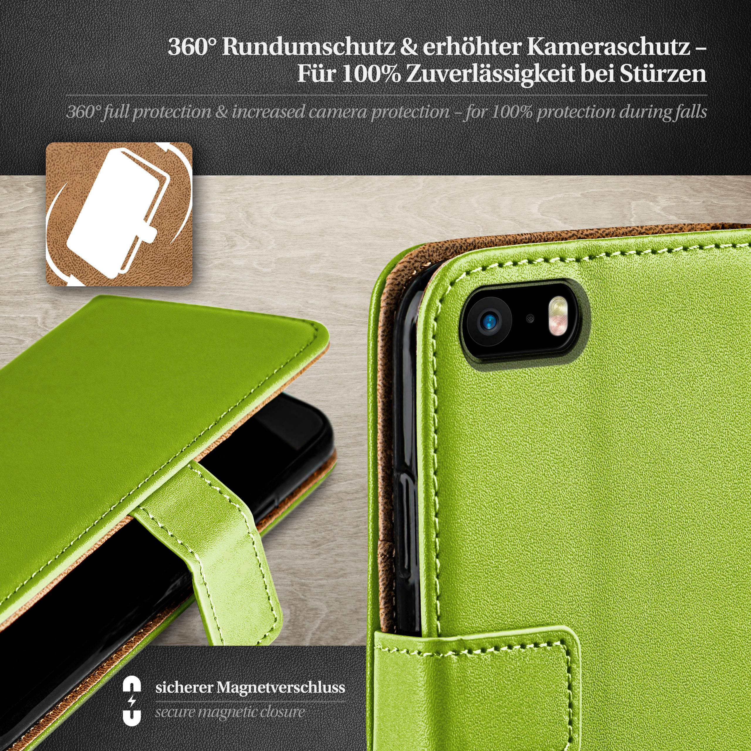 Eine grüne Handyhülle schützt ein Telefon. Nahaufnahme mit Text: 360° Schutz & erhöhte Kamera.