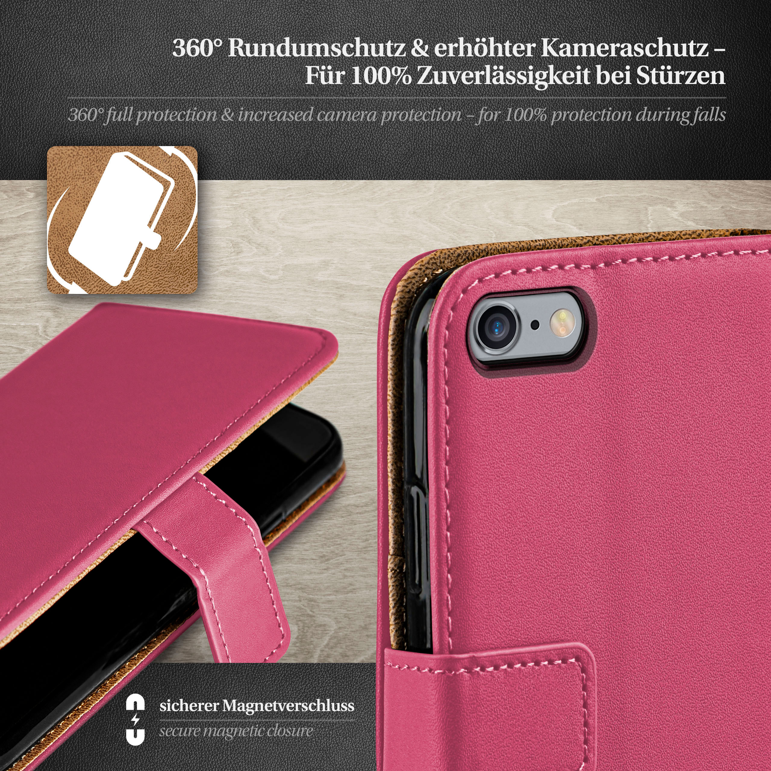Eine pinkfarbene Handyhülle mit einem Telefon darin. Die Hülle ist offen und zeigt das Telefon.