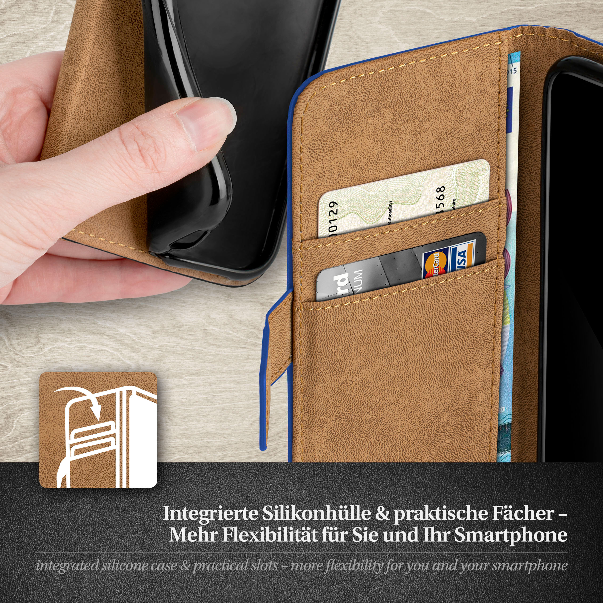 Braune Brieftasche mit Smartphone. Kreditkarte und Ausweis sind sichtbar.