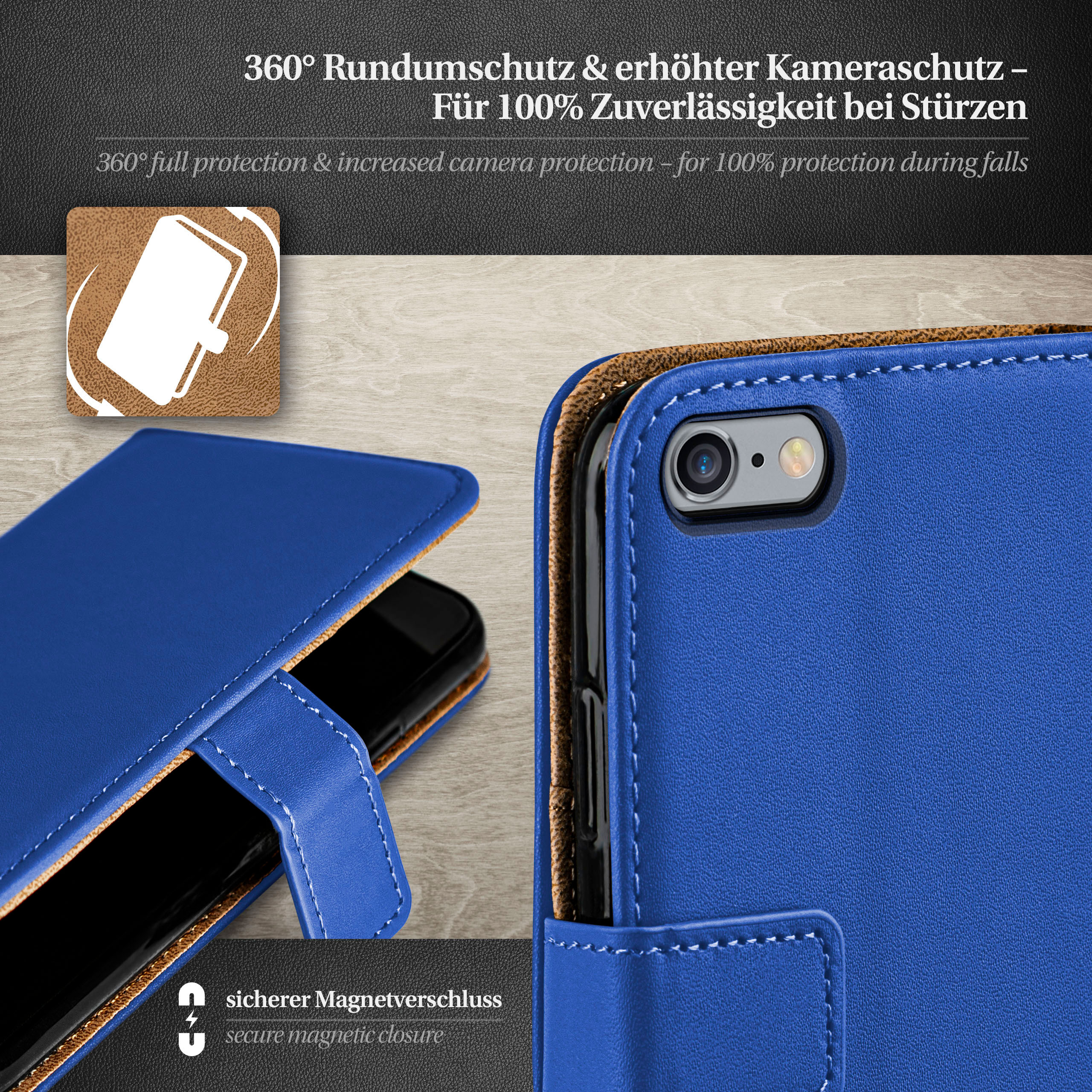Blaue Handyhülle mit Telefon. Text: '360° Rundumschutz' und 'sicherer Magnetverschluss'.
