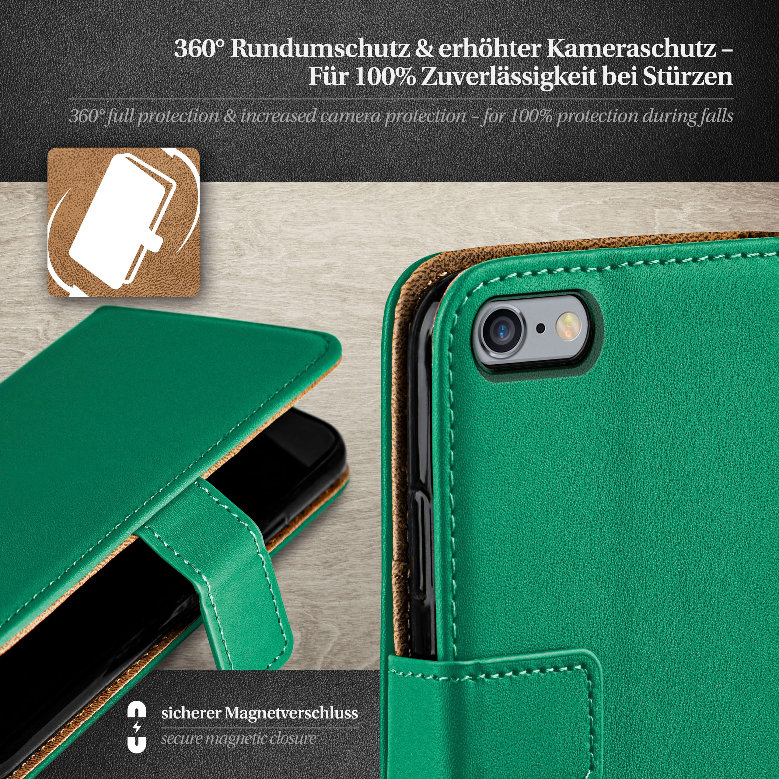 Eine grüne Handyhülle mit einem Telefon. Es ist grün mit einem sicheren Magnetverschluss. Es hat eine grüne Abdeckung.