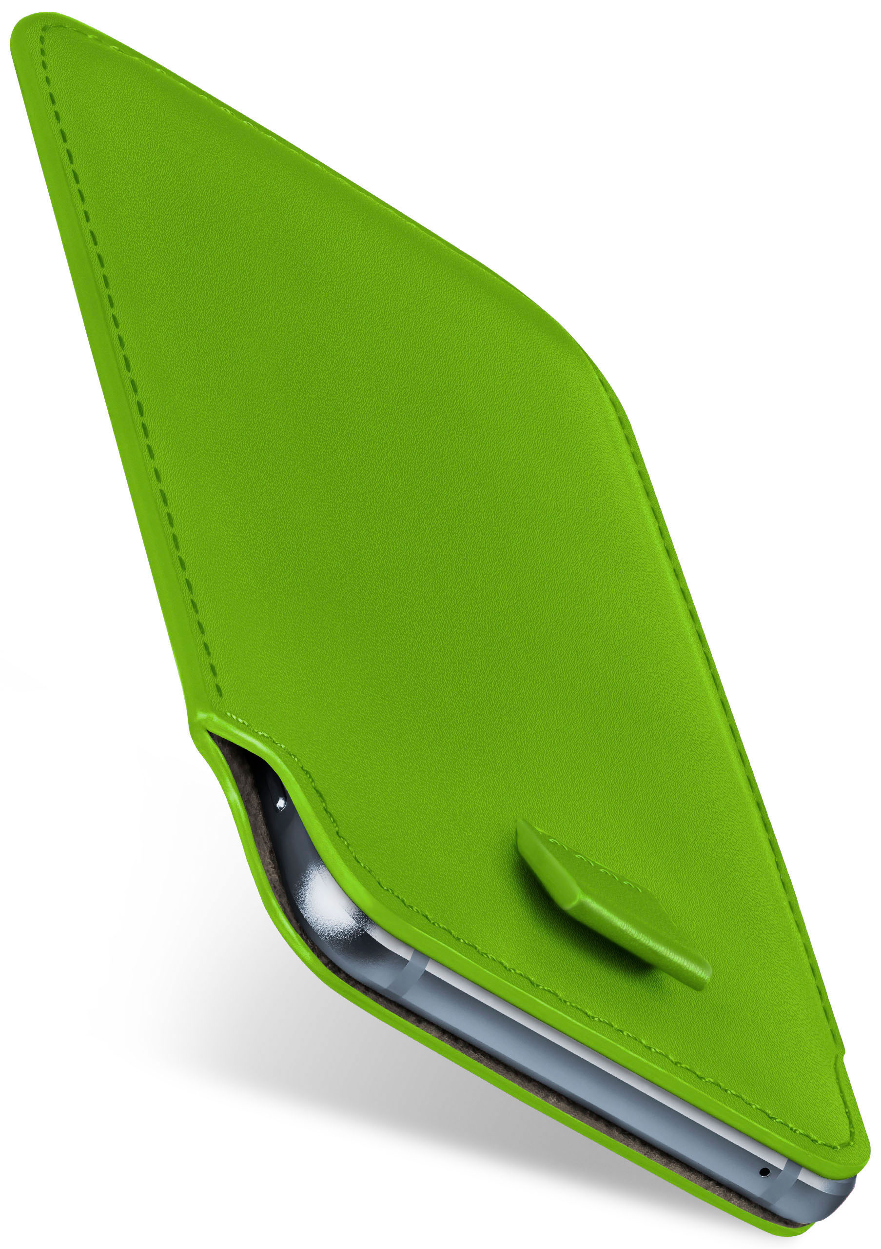 Grüne Handyhülle mit Telefon darin. Eine kleine Lasche ist sichtbar. Es hat einen weißen Hintergrund.