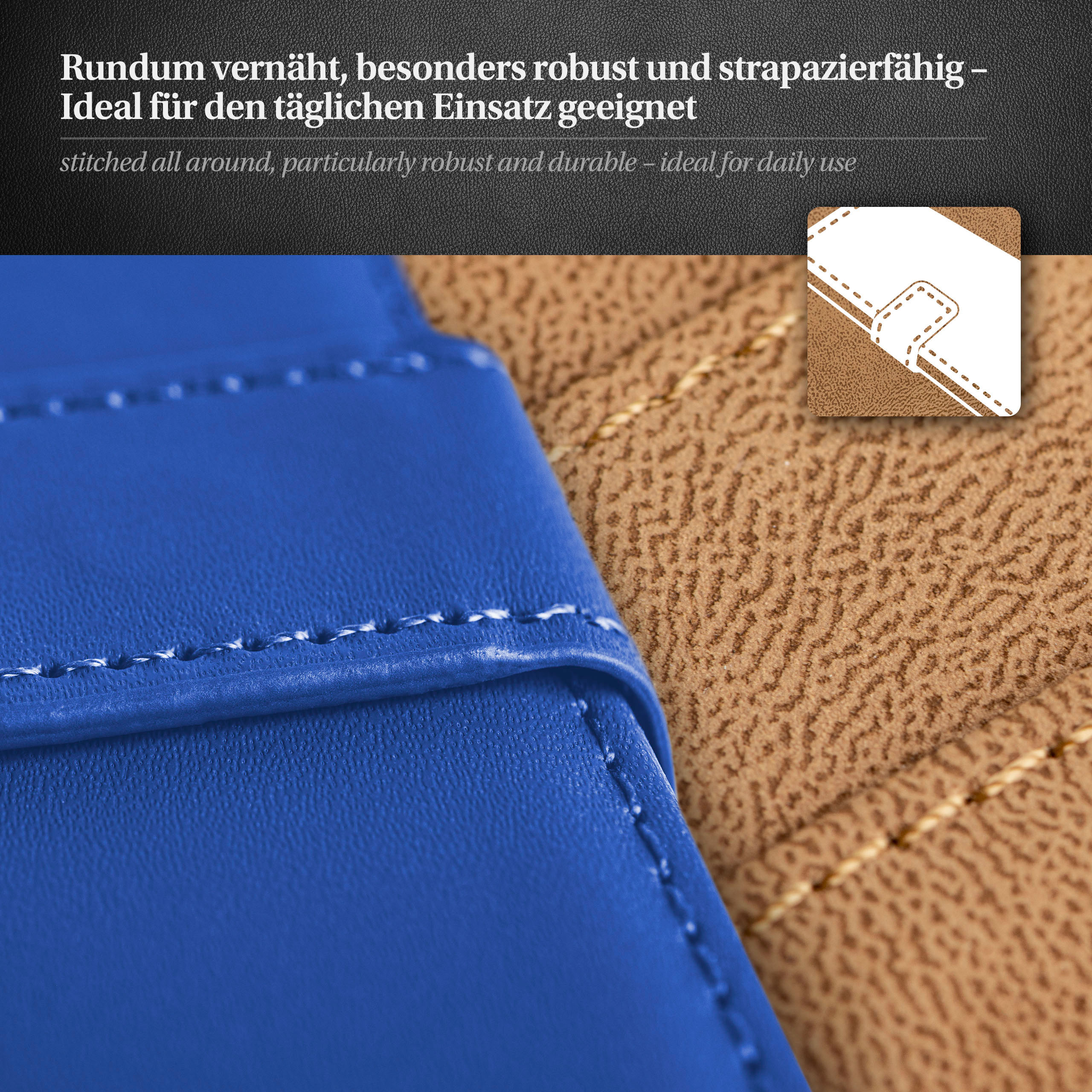 Blaues und braunes Leder. Nahaufnahme der Nahtdetails. Text: rundum genäht, robust, haltbar.