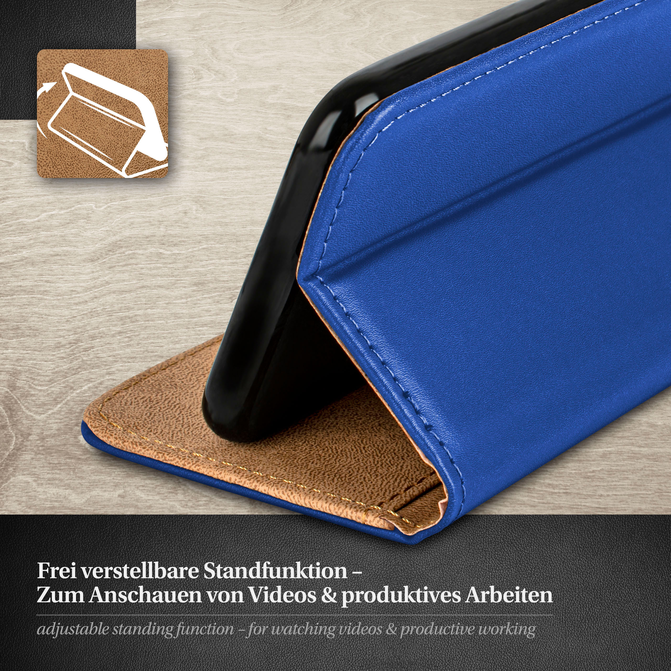 Blaue Handyhülle mit schwarzem Telefon, zeigt Standfunktion auf Holzoberfläche.