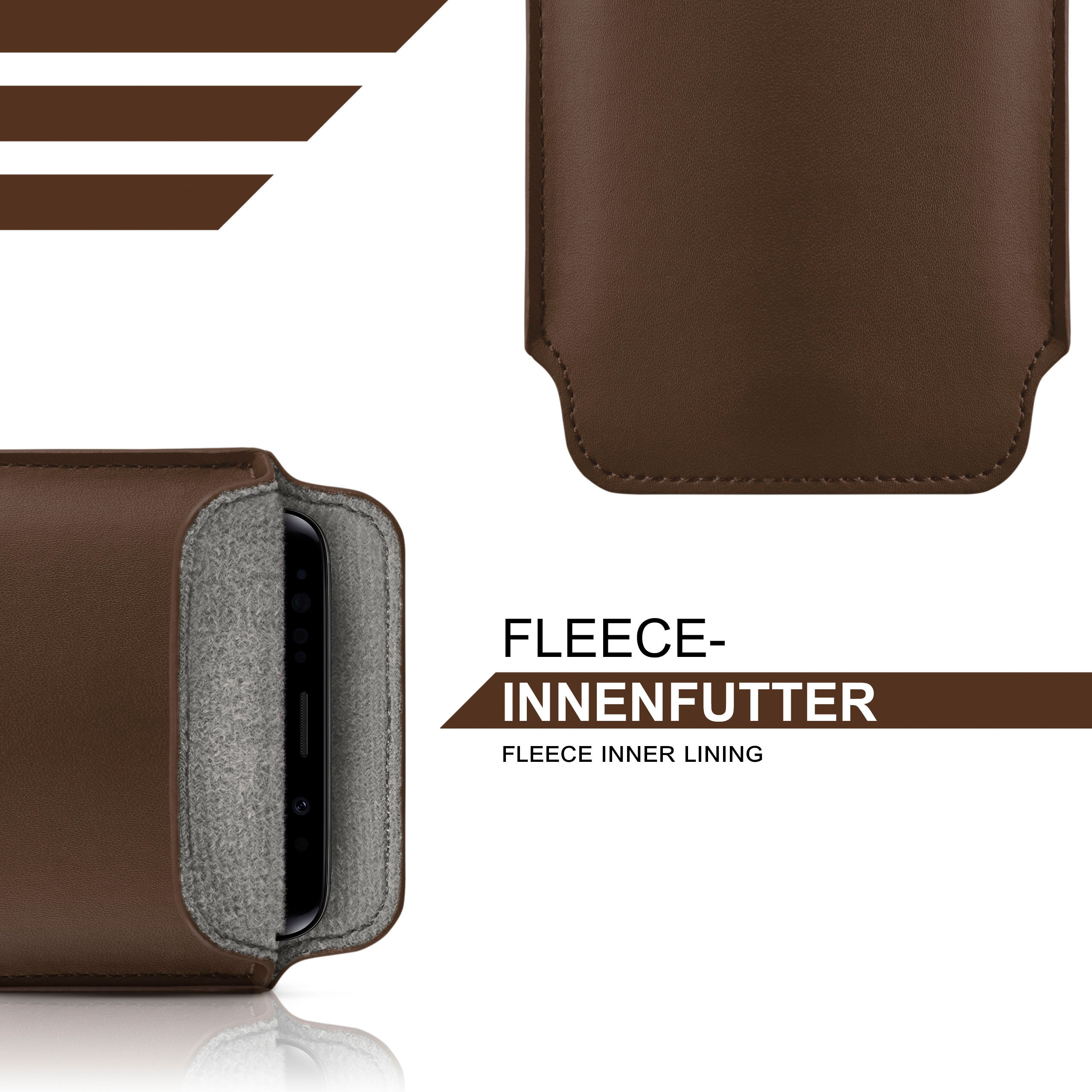 Braune Handyhülle mit grauem Fleece-Futter. Schwarzes Telefon ist innen. Weißer Hintergrund.