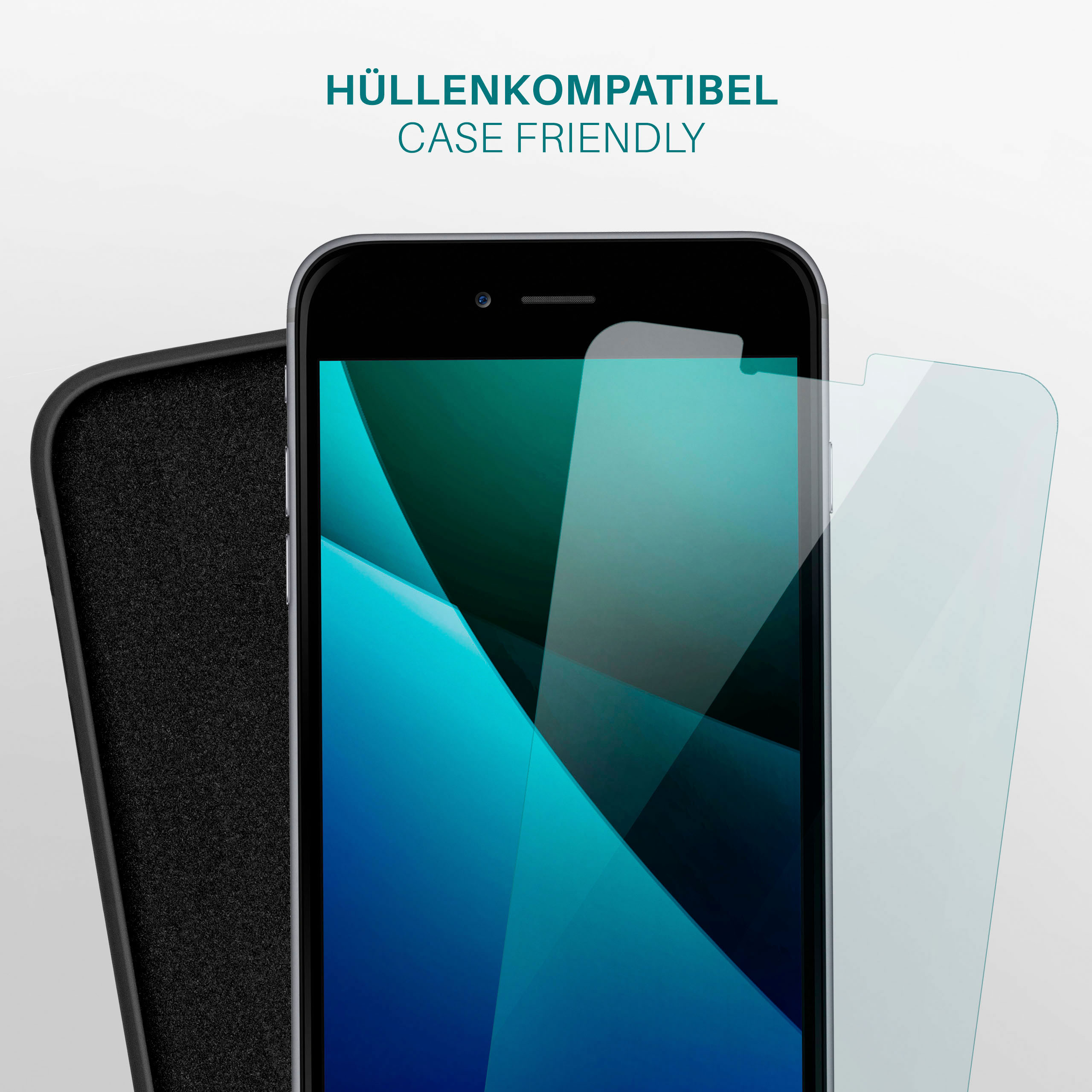 Ein Telefon und ein Displayschutz. Die Hülle ist auf dem Telefon.