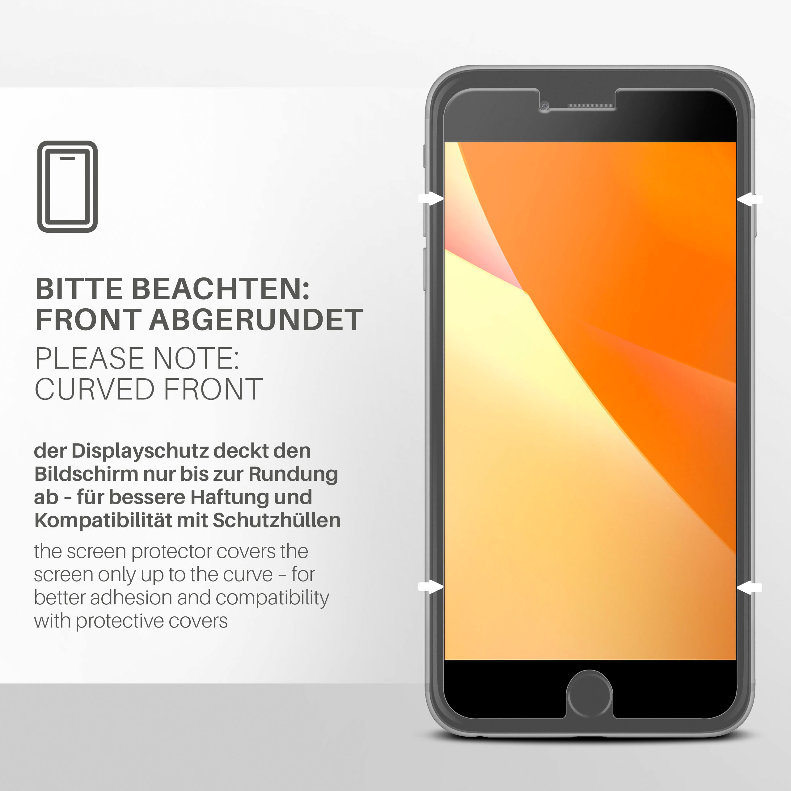 Ein Telefon mit gebogener Vorderseite. Es zeigt einen orangefarbenen Farbverlauf.