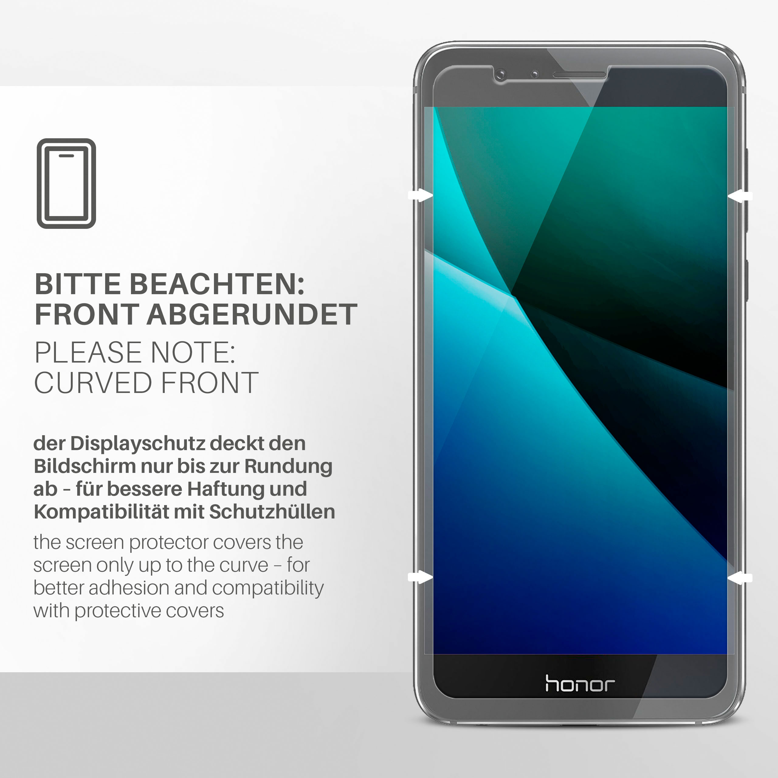 Telefon mit gebogenem Frontbildschirmschutz und dem Wort 'honor'.