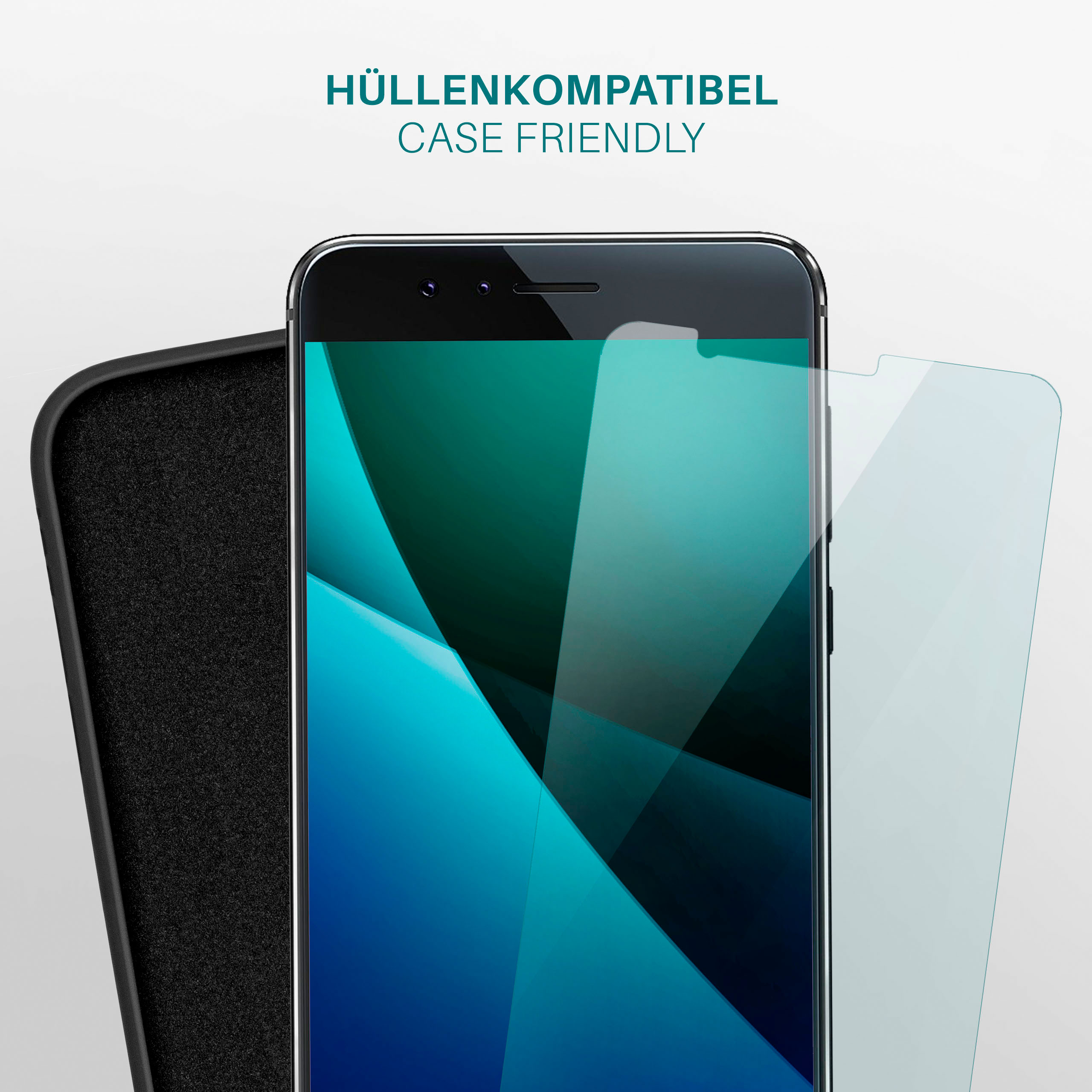 Ein Telefon mit Displayschutzfolie in einer Hülle. Die Hülle ist geschlossen. Das Telefon ist sichtbar.