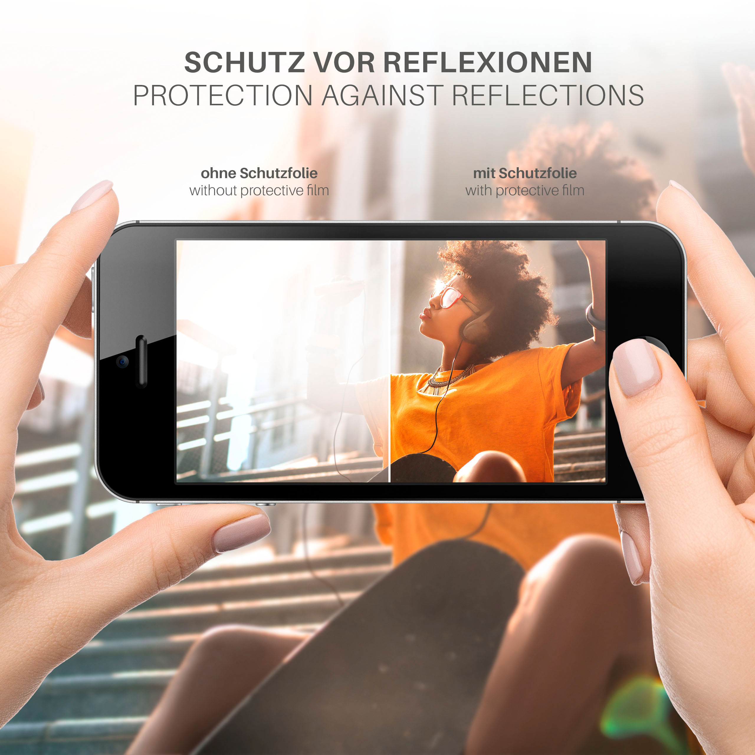 Hände, die ein Telefon halten, dessen Bildschirm ein Foto zeigt. Text: Schutz vor Reflexionen.