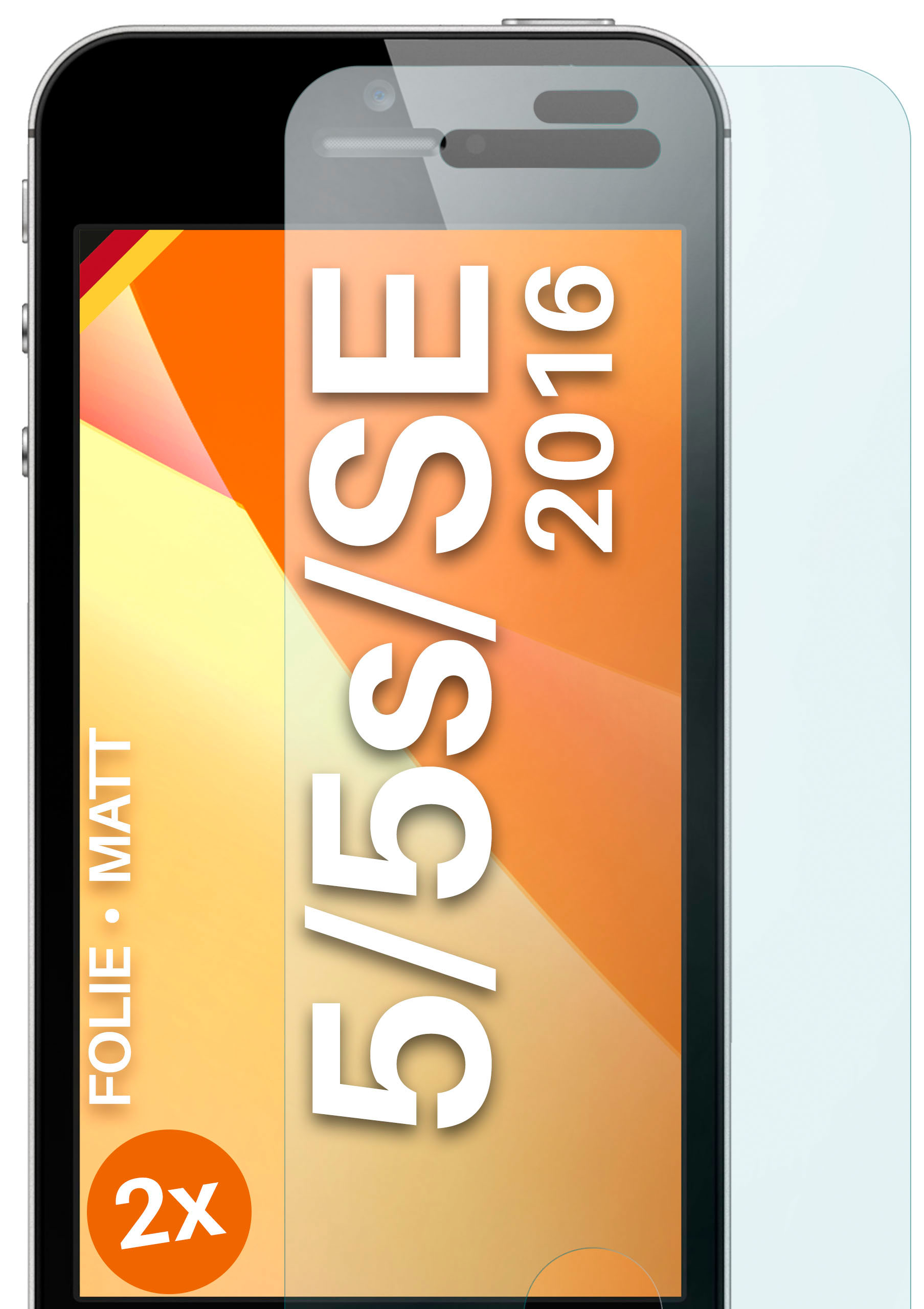 Handy mit Displayschutzfolie. Auf der Verpackung steht: 5/5S/SE 2016. Text: Folie Matt.