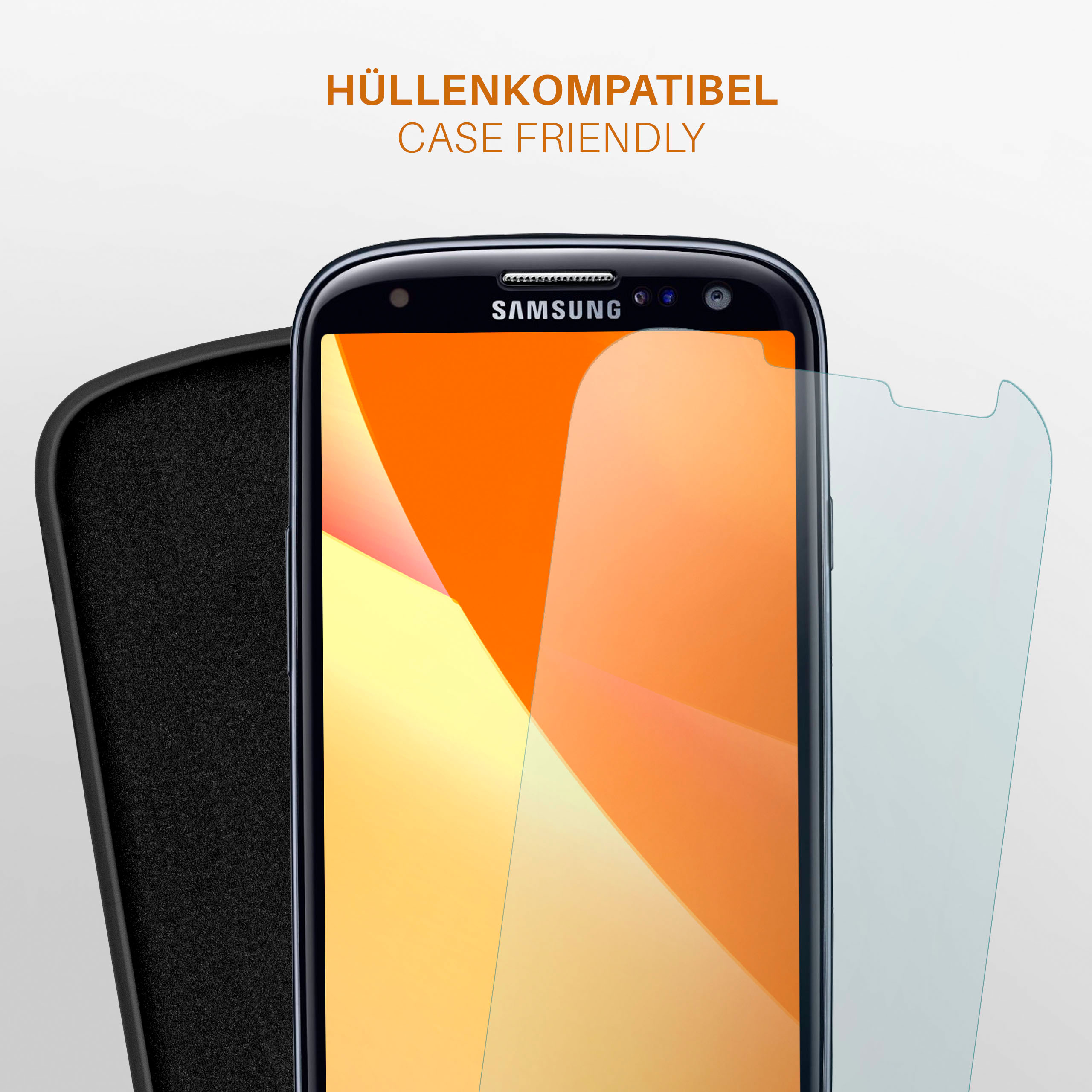 Ein Samsung-Telefon mit Displayschutzfolie und einer mit der Folie kompatiblen Handyhülle.