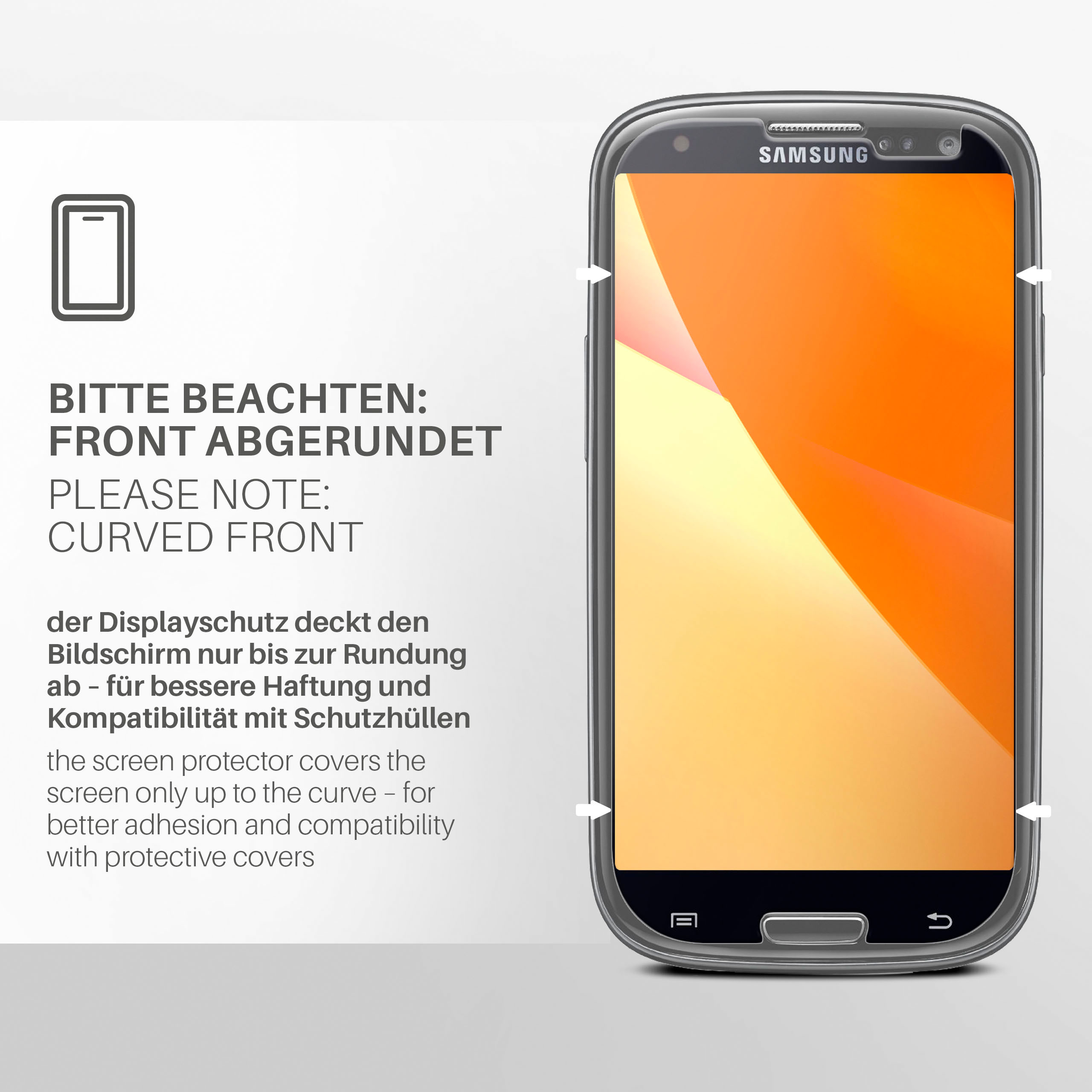 Ein Telefon in einer transparenten Hülle, mit Text über die gebogene Front.