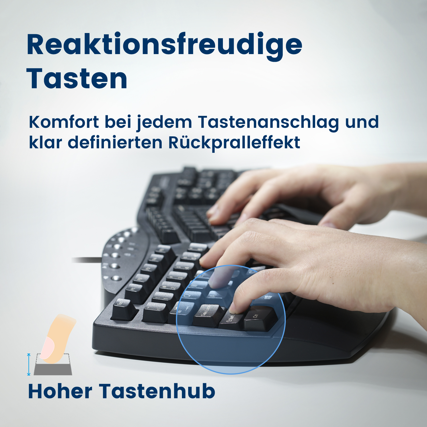 Hände tippen auf einer Tastatur. Die Tastatur ist schwarz mit blauen Tasten. Ein Kreis hebt Tasten hervor.