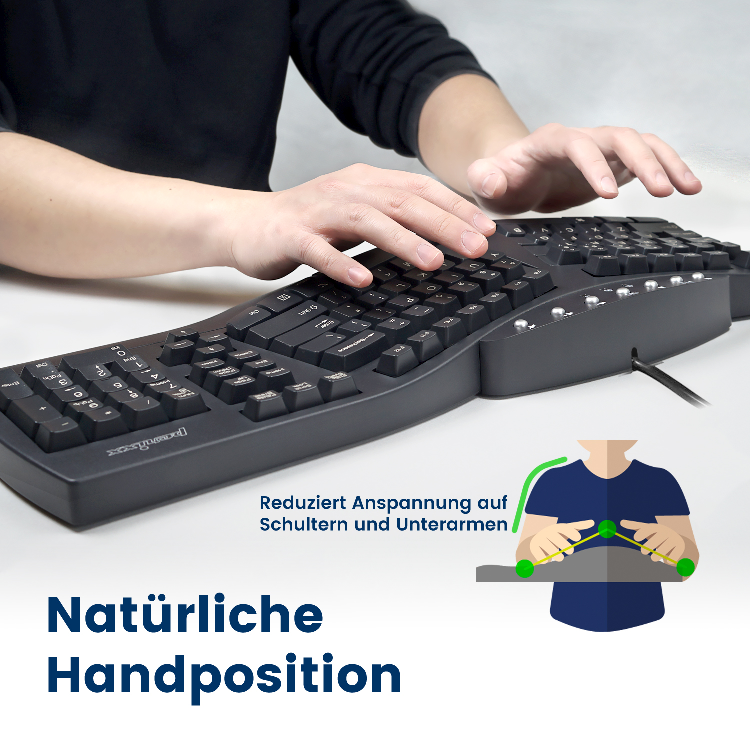 Person tippt auf einer geteilten Tastatur. Diagramm zeigt Haltung mit grünen Punkten. Text: 'Natürliche Handposition'.