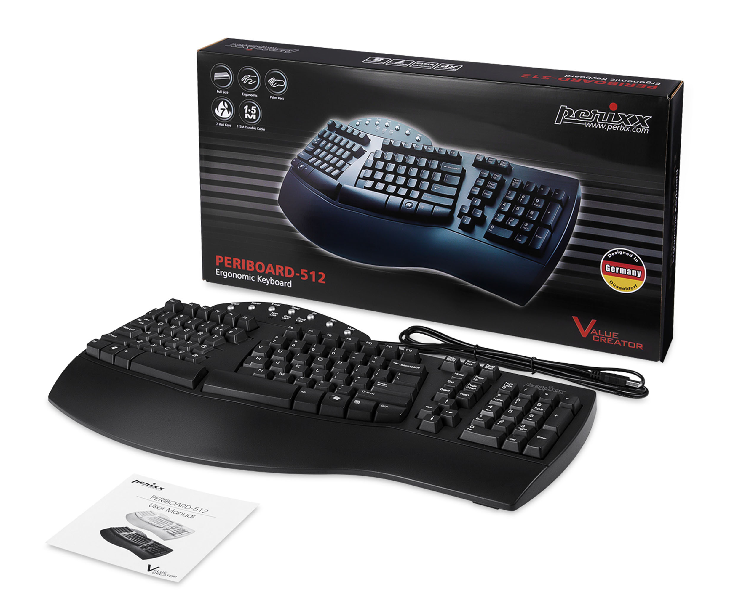 Schwarze ergonomische Tastatur mit Box und Handbuch. Design in Deutschland.