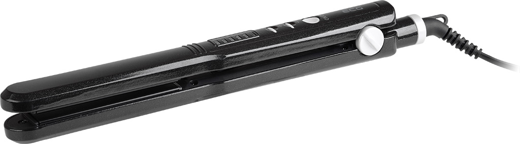 Ein schwarzes Glätteisen. Es ist geschlossen und hat Knöpfe und ein Kabel.