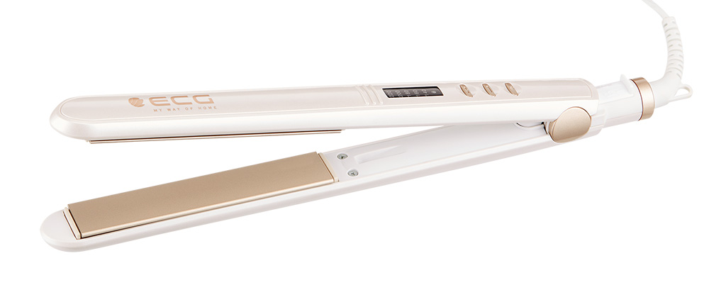 Biała i złota prostownica do włosów, otwarta na białym tle.