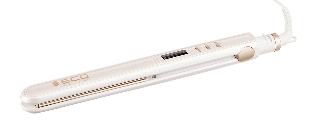 Biała i złota prostownica do włosów. Marka ECG widoczna z boku. Tło jest białe.
