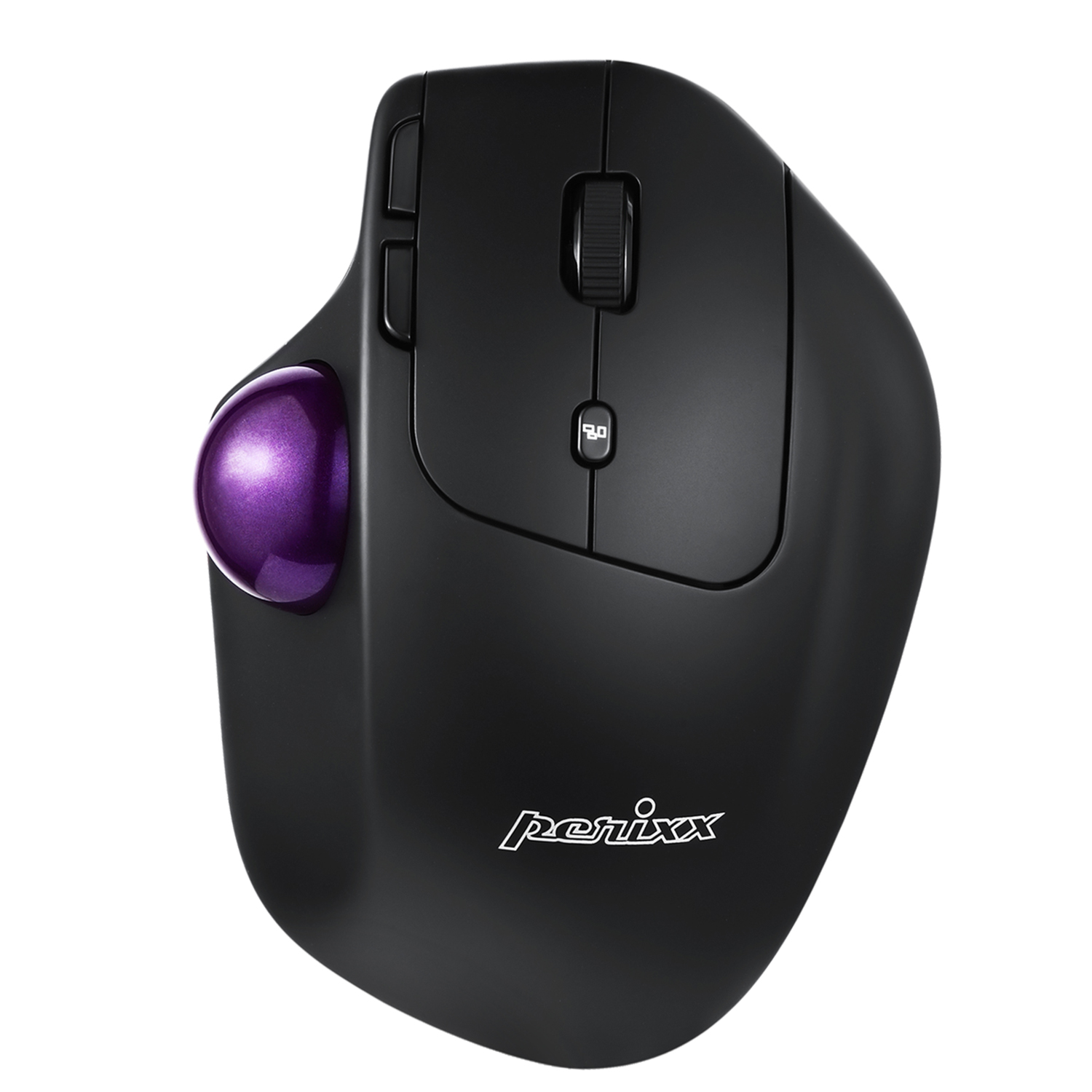 Schwarze Trackball-Maus mit lila Kugel und Markennamen darauf.