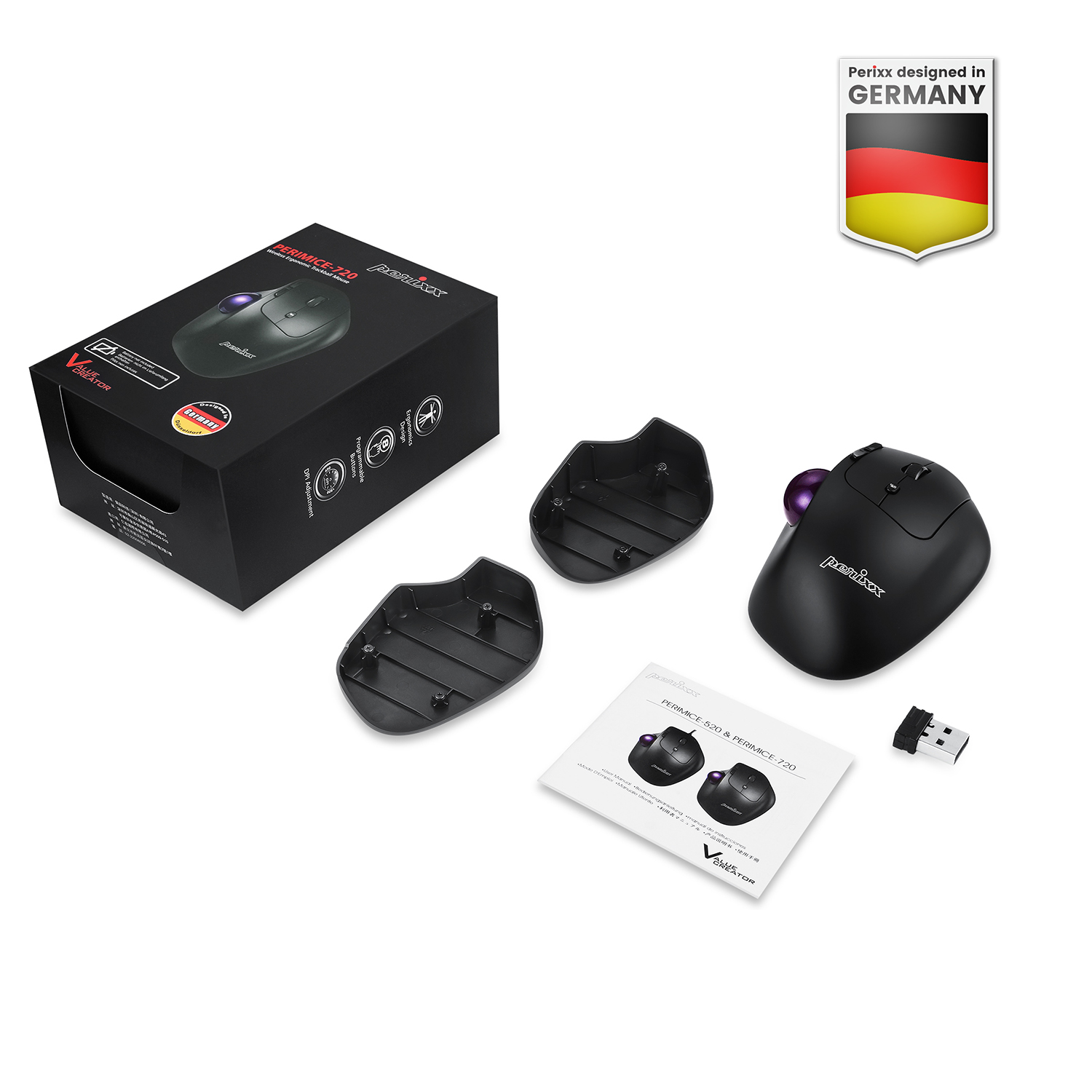 Schwarze Maus und Zubehör in einer Box. Die Box hat das Perixx-Logo und eine deutsche Flagge.