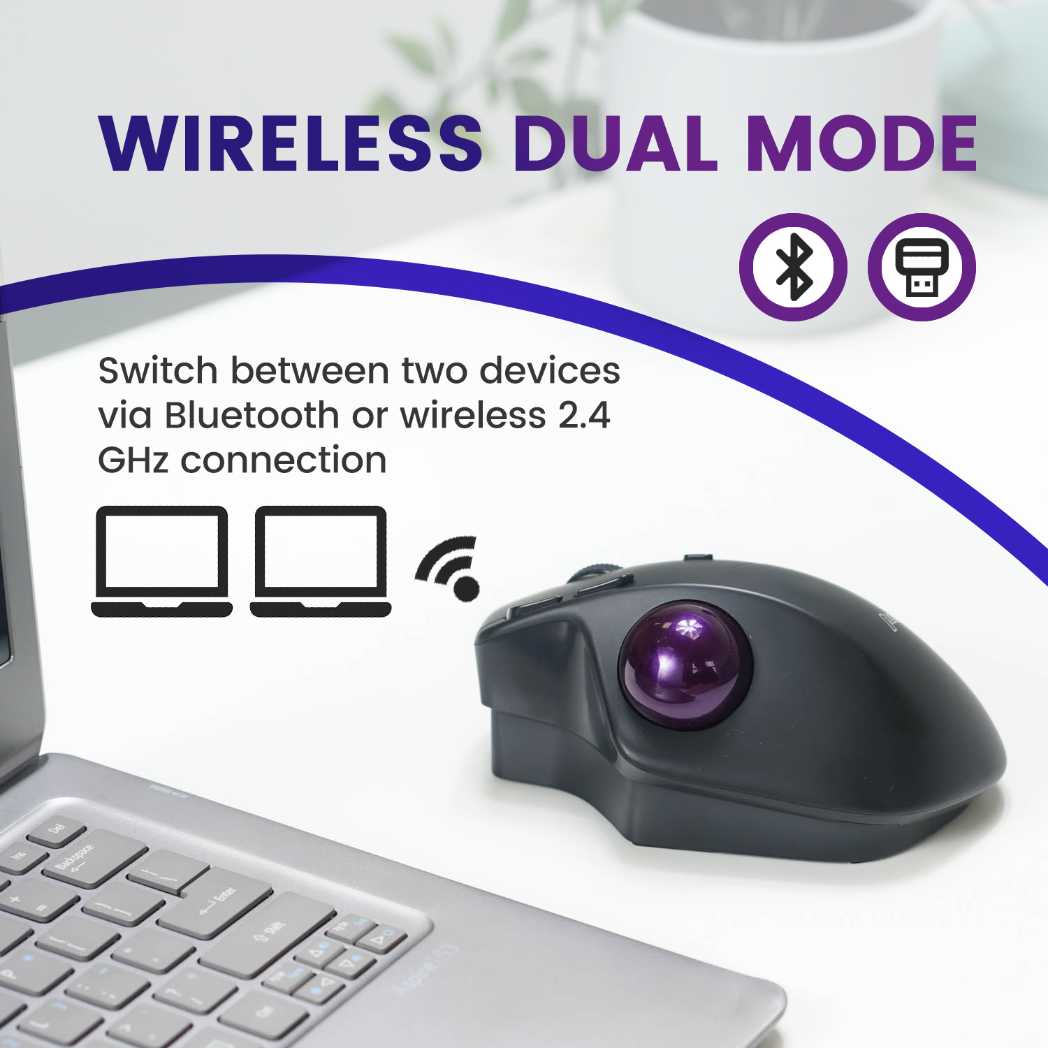 Eine schwarze Maus mit lila Trackball und Symbolen für drahtlose Dual-Modus-Funktionen.