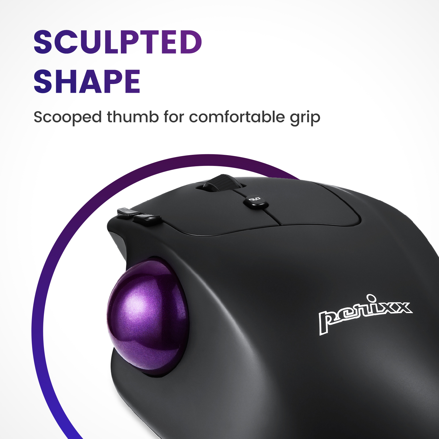 Schwarze Maus mit lila Trackball. Text: Geformte Form, Mulde für komfortablen Griff.