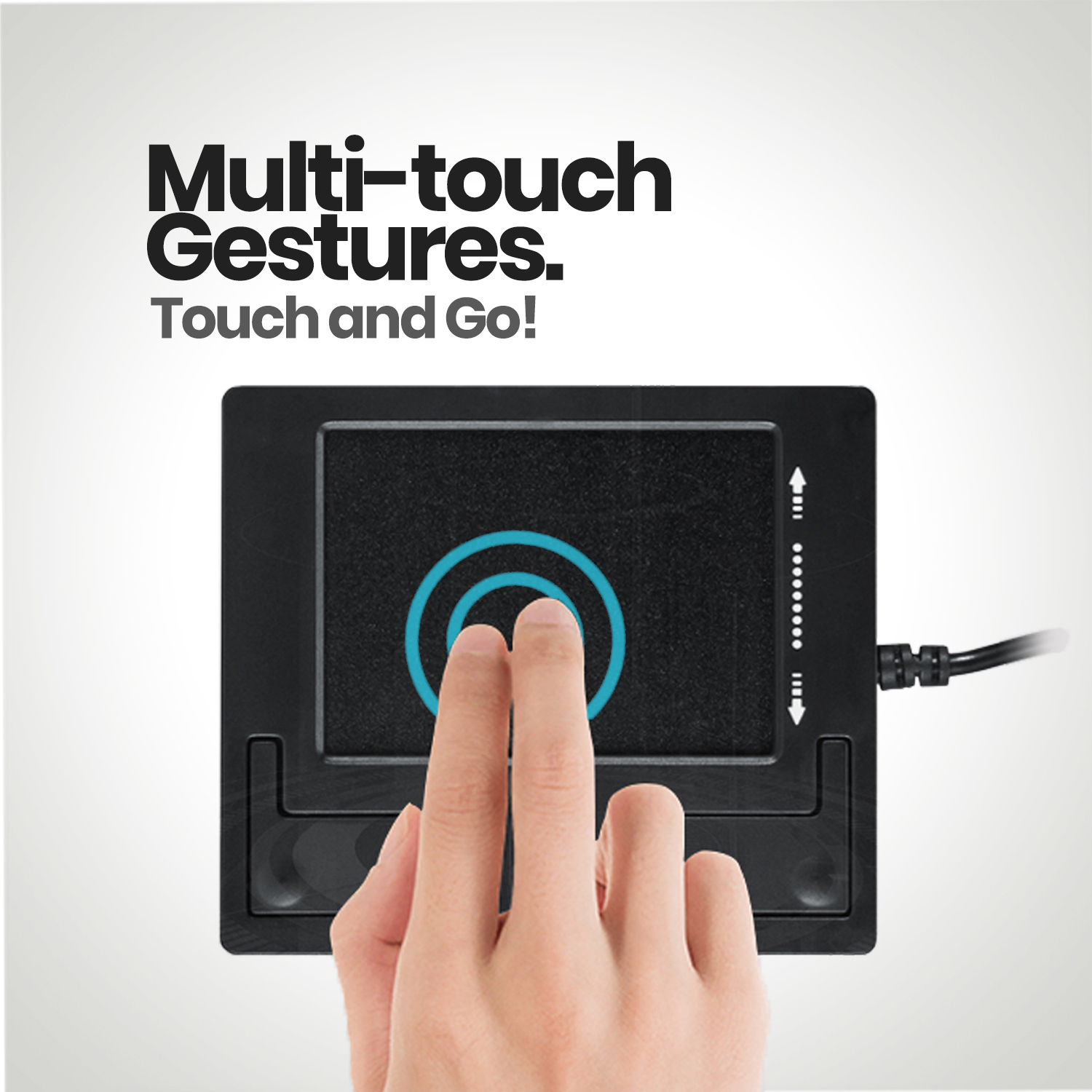 Eine Hand berührt ein schwarzes Multi-Touch-Gerät. Blaue Berührungskreise sind sichtbar. Das Gerät hat ein Kabel.
