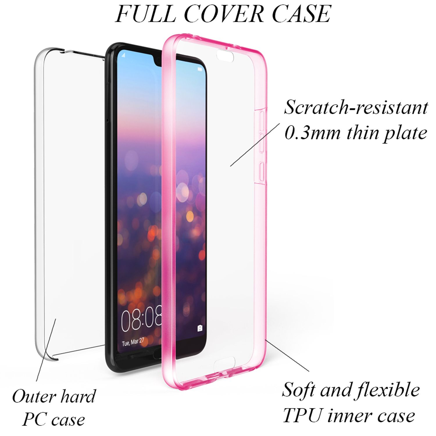 Smartphone con custodia rosa, che mostra parti della custodia e del telefono.