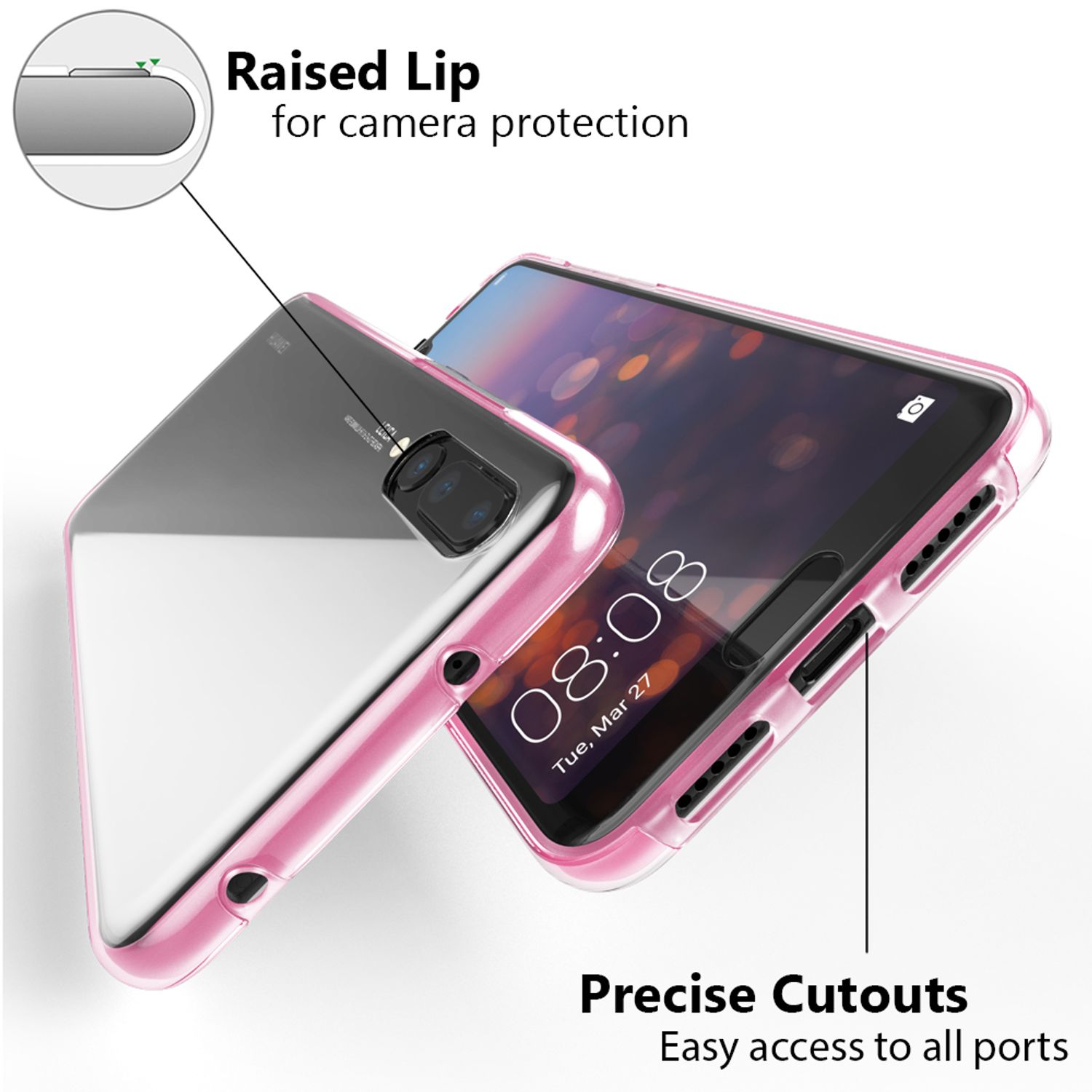 Custodia per telefono rosa con un telefono all'interno. La custodia ha un bordo rialzato e ritagli.