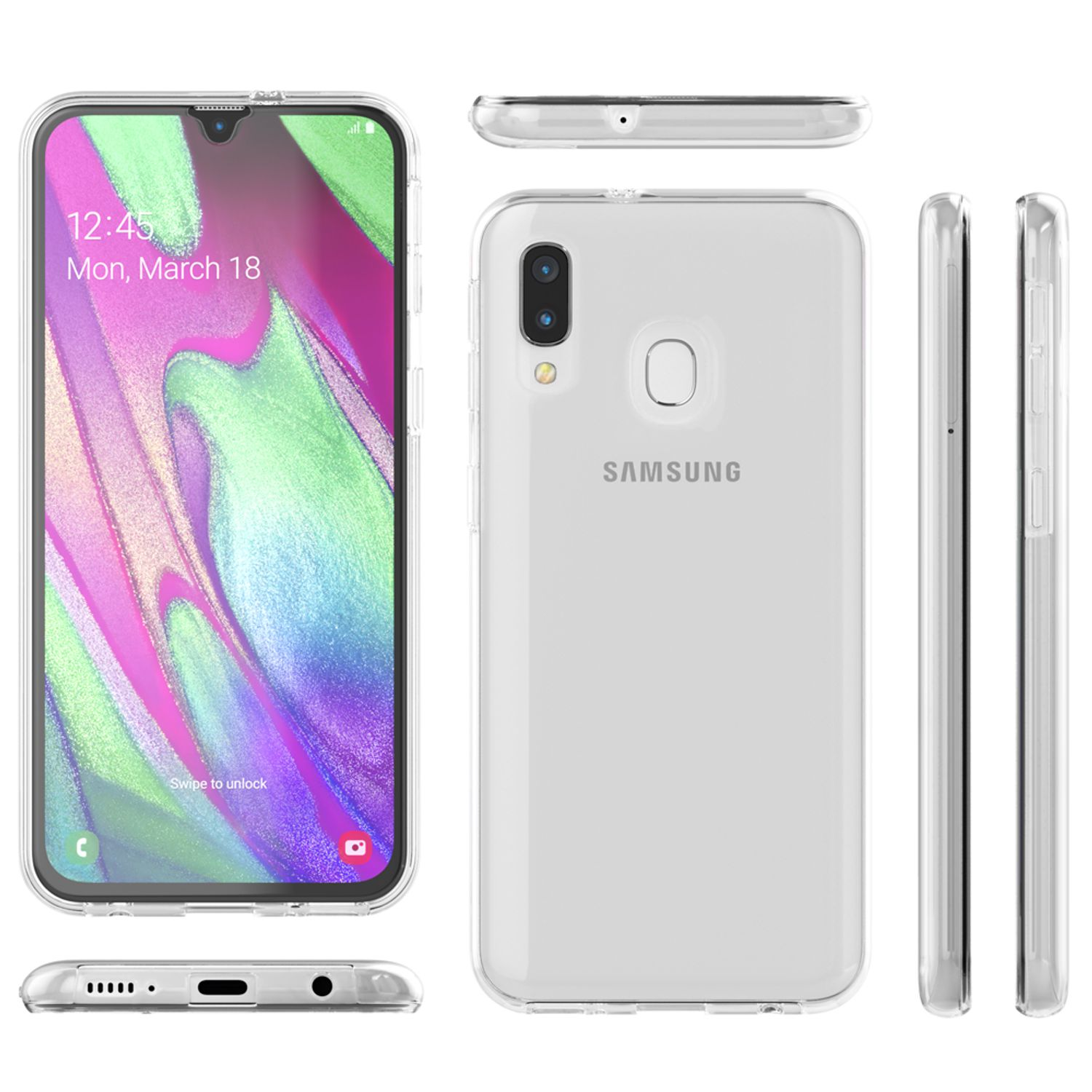 Smartphone mit klarer Hülle. Telefon liegt auf weißer Oberfläche. Mehrere Ansichten.