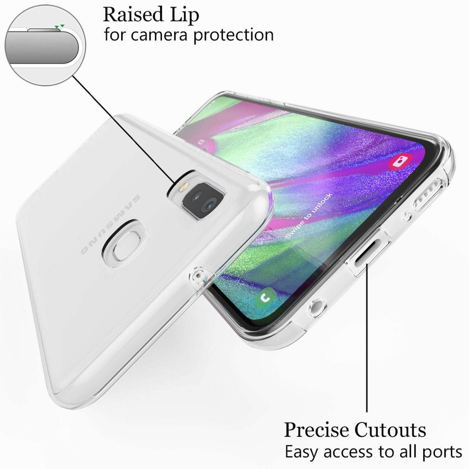 Transparente Handyhülle auf einem Telefon. Textkennzeichnungen weisen auf Funktionen wie Kameraschutz und Portaussparungen hin.