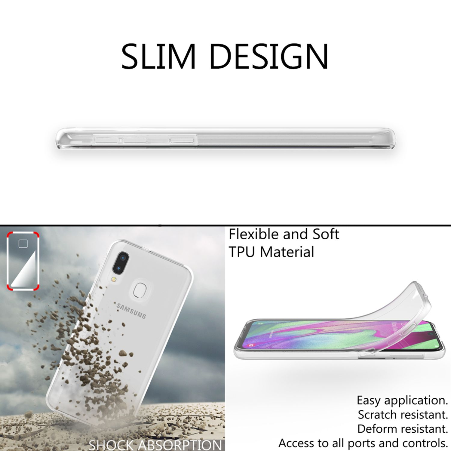 Transparente Handyhülle mit einem Telefon darin. Der untere Teil des Bildes zeigt das Telefon und die Hülle.