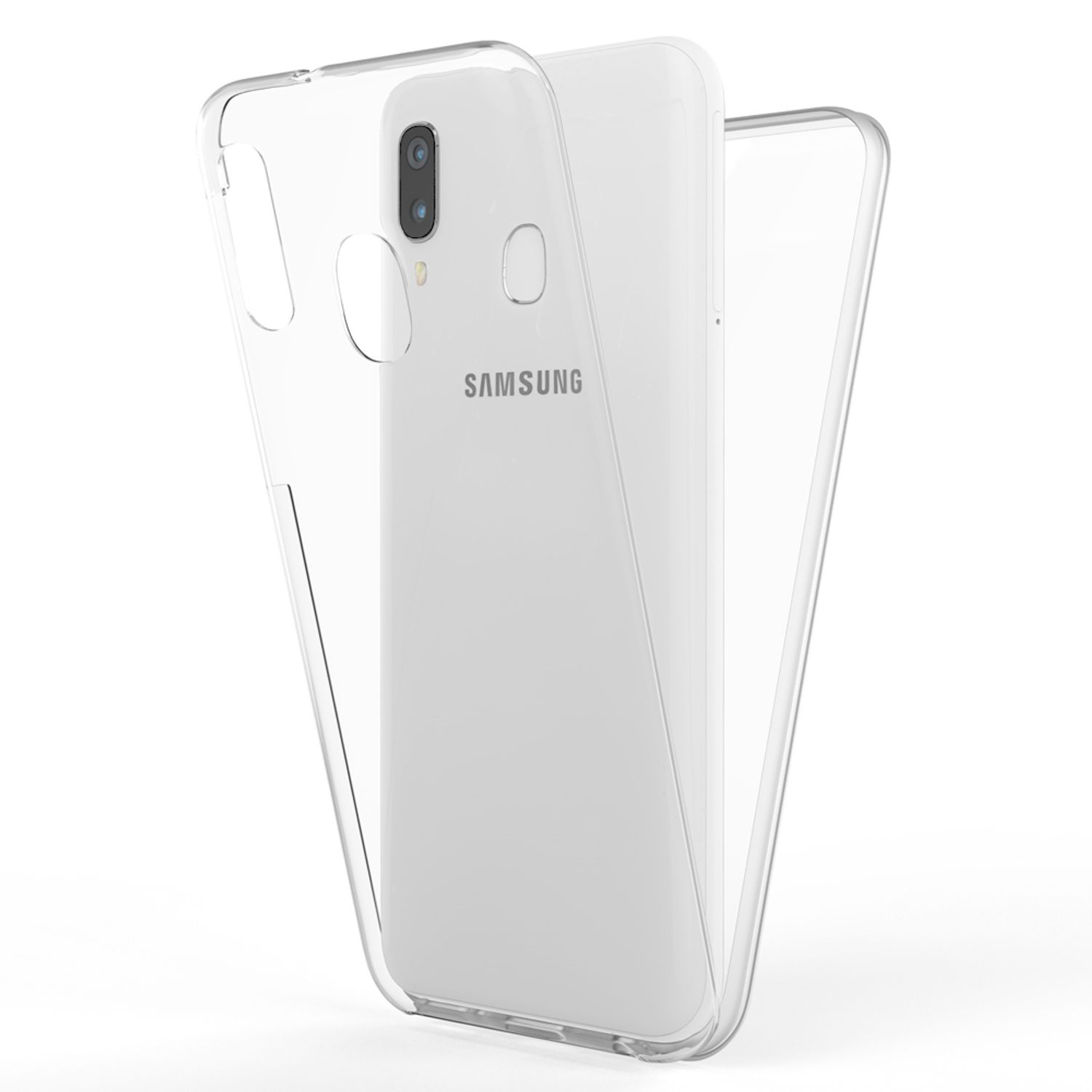 Transparente Handyhülle mit Telefon darin. Weißer Hintergrund.