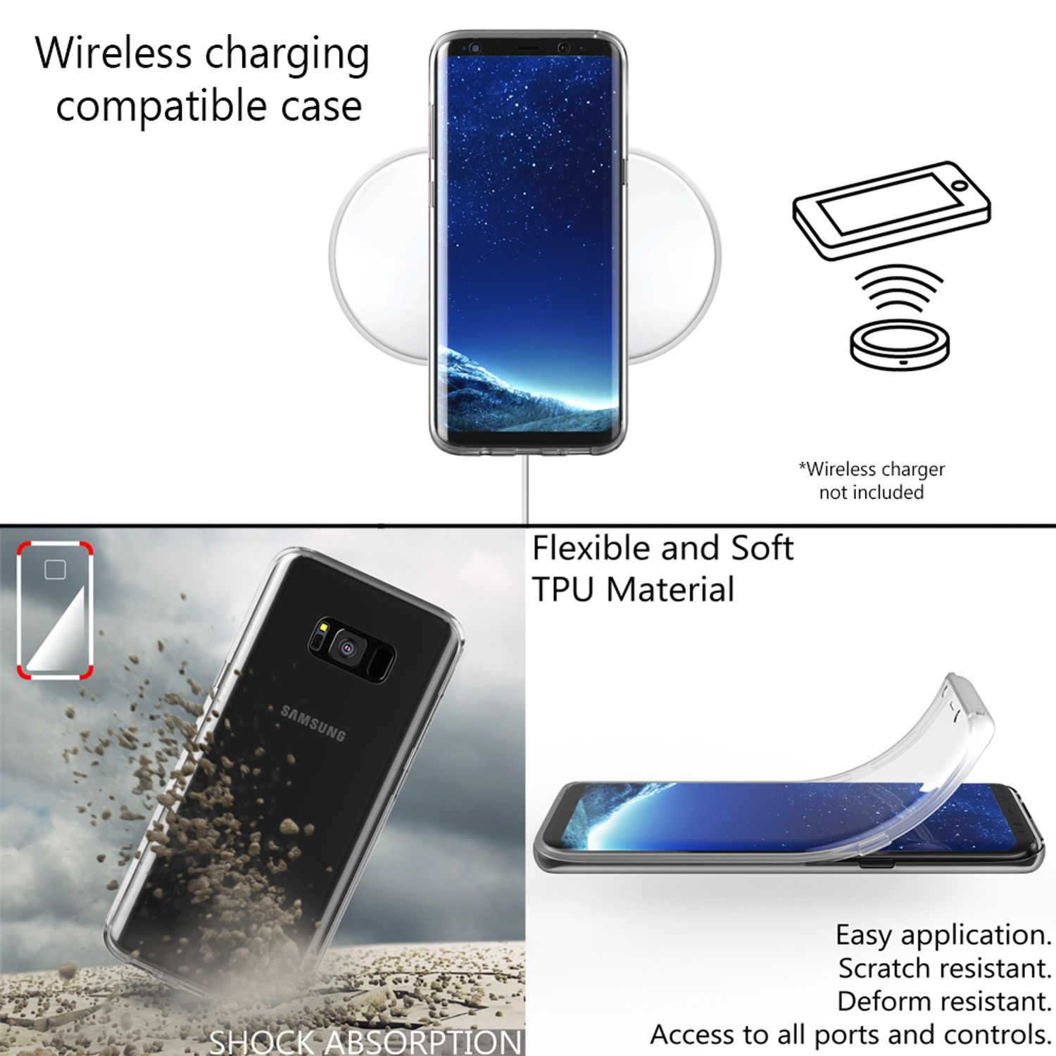 Ein Telefon mit klarer Hülle auf weißer Oberfläche mit Text Wireless charging compatible case.