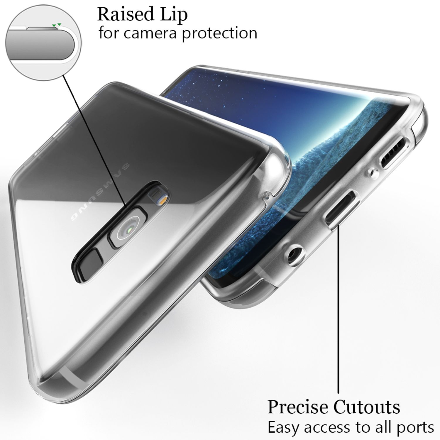 Ein Telefon in einer transparenten Hülle mit erhöhter Lippe zum Schutz der Kamera und einfachem Zugang zu den Anschlüssen.