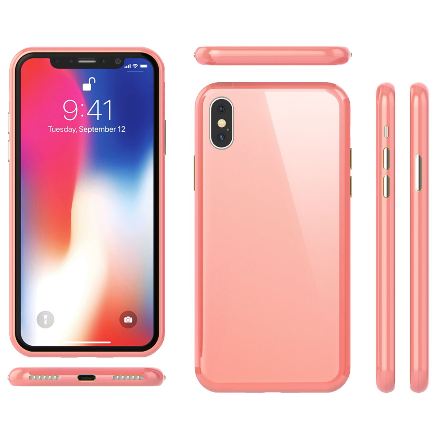 Pinke Handyhülle in verschiedenen Winkeln. Telefon innen. Heller Hintergrund.