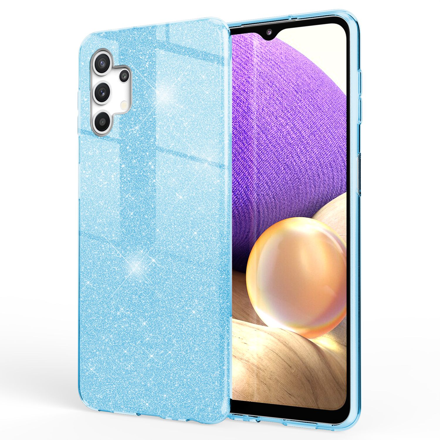 Hellblaue Glitzer-Handyhülle mit Telefon darin. Weißer Hintergrund.