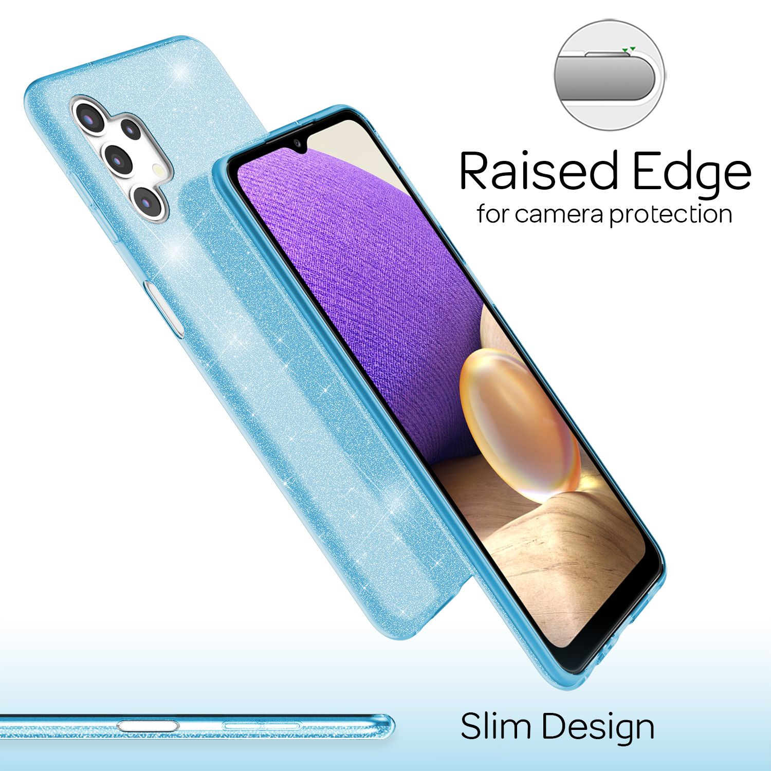 Hellblaue Handyhülle mit Telefon. Erhöhter Rand zum Schutz der Kamera. Text: Schlankes Design.